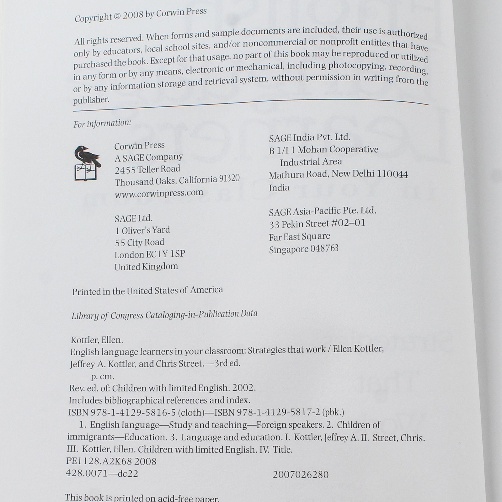 English Language Learners Book by Kottler & Street 2008 Corwin Press