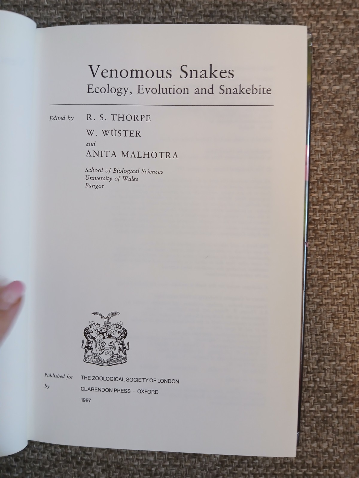 Venomous Snakes Ecology Evolution Snakebite R.S. Thorpe HC