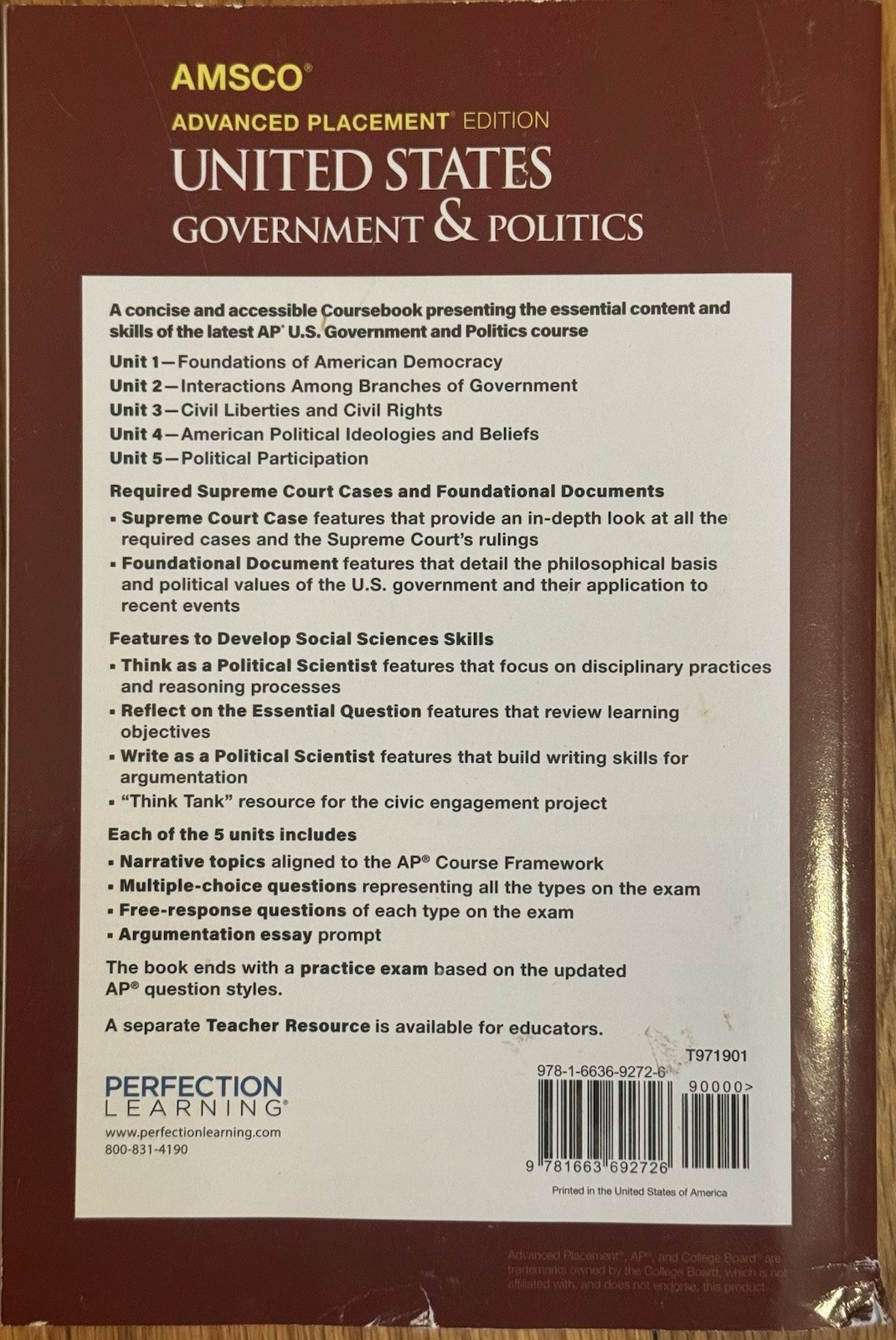 AMSCO AP US Government & Politics 3rd Edition by David Wolfford Paperback
