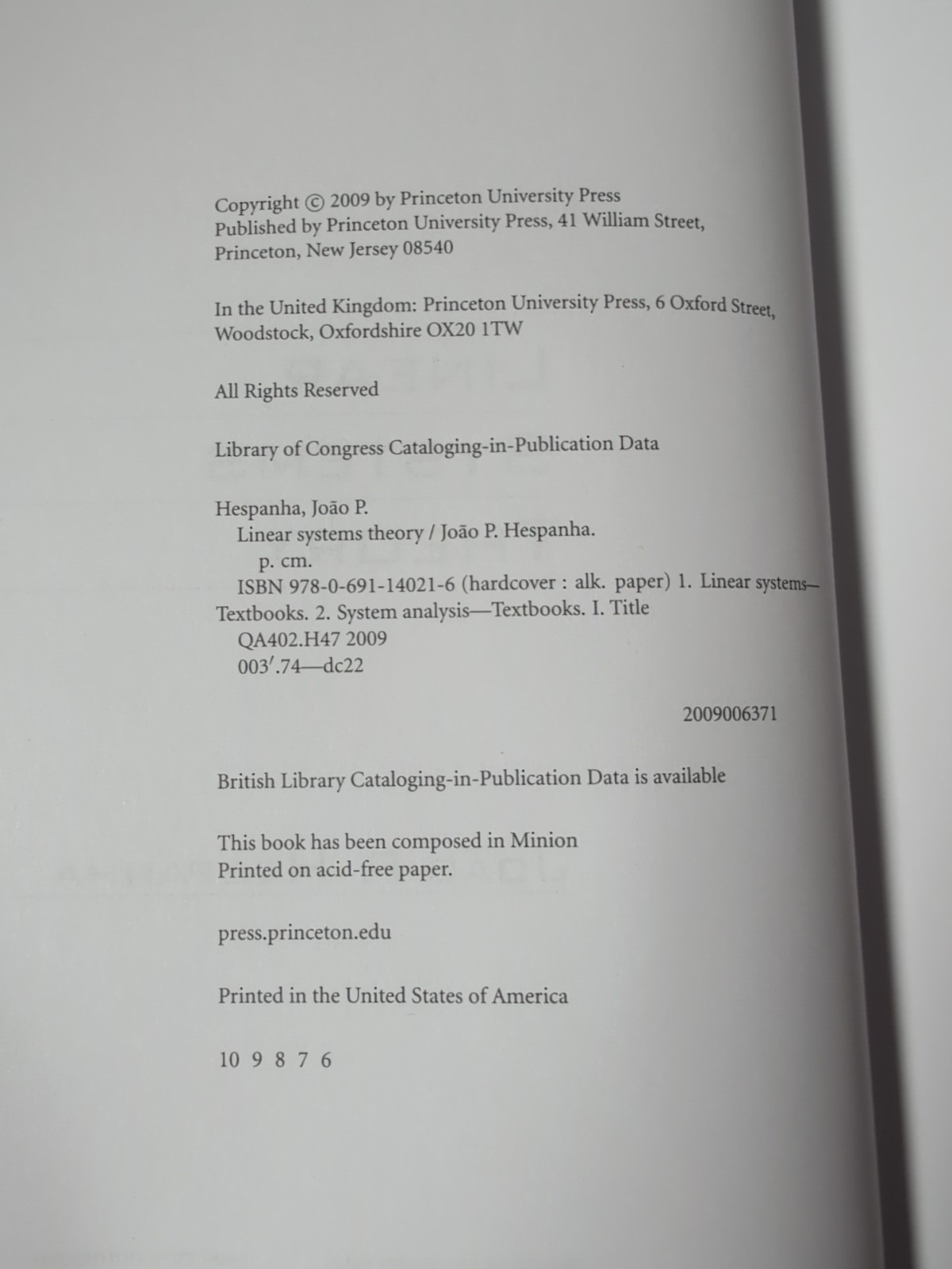 Linear Systems Theory by João P. Hespanha (2009, Hardcover)
