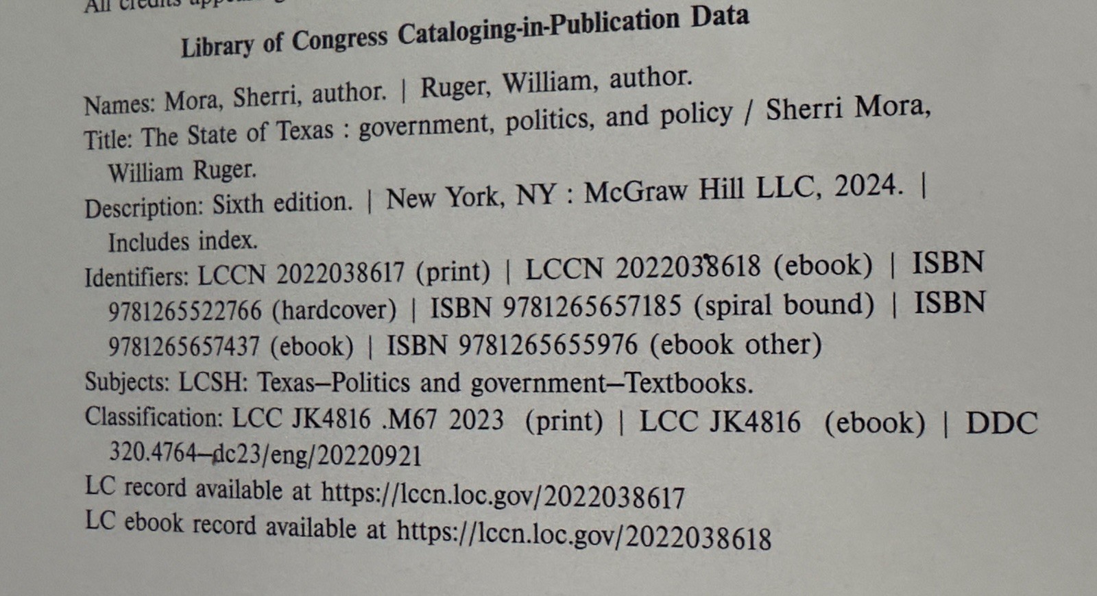 McGraw Hill State of Texas Govt Politics & Policy 6th Ed Spiral Bound Mora