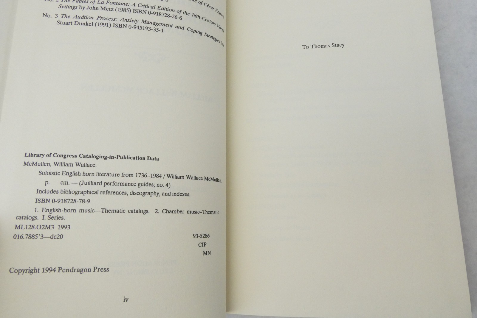 Soloistic English Horn Literature From 1736-1984 HC Pendragon Press Book