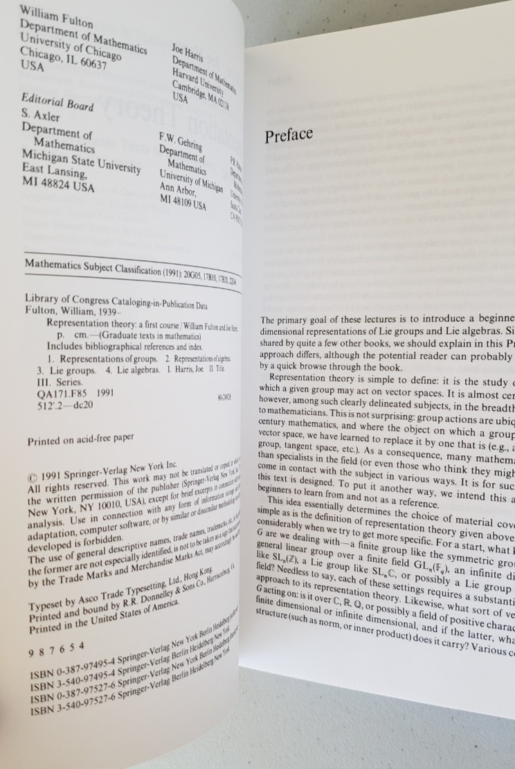 Fulton Harris Representation Theory First Course Springer GTM 129 NEW 1st Ed 4th