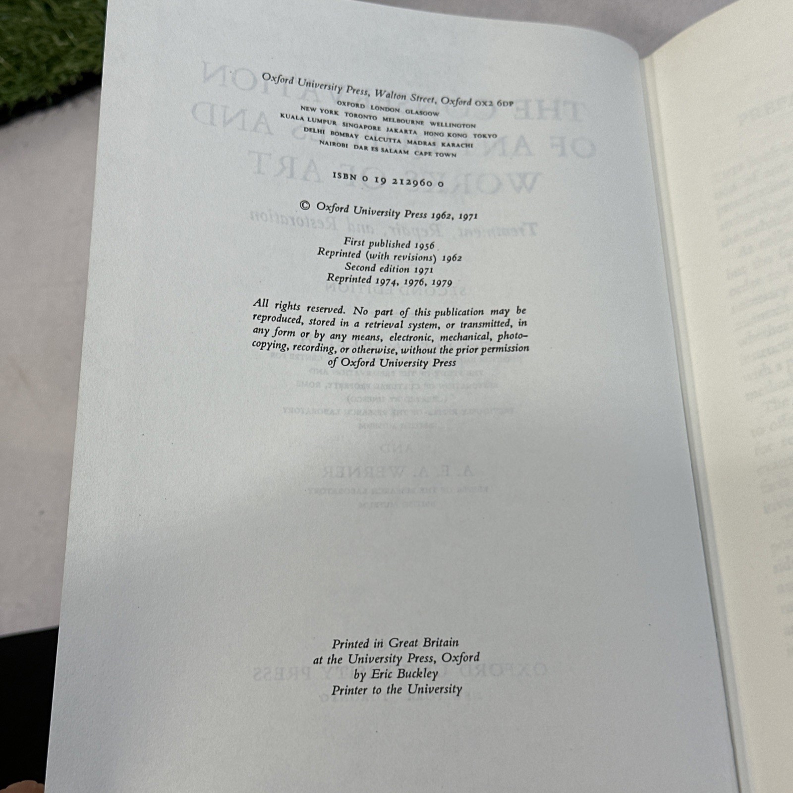 THE CONSERVATION OF ANTIQUITIES AND WORKS OF ART: By A.e.a. Werner & H J VG