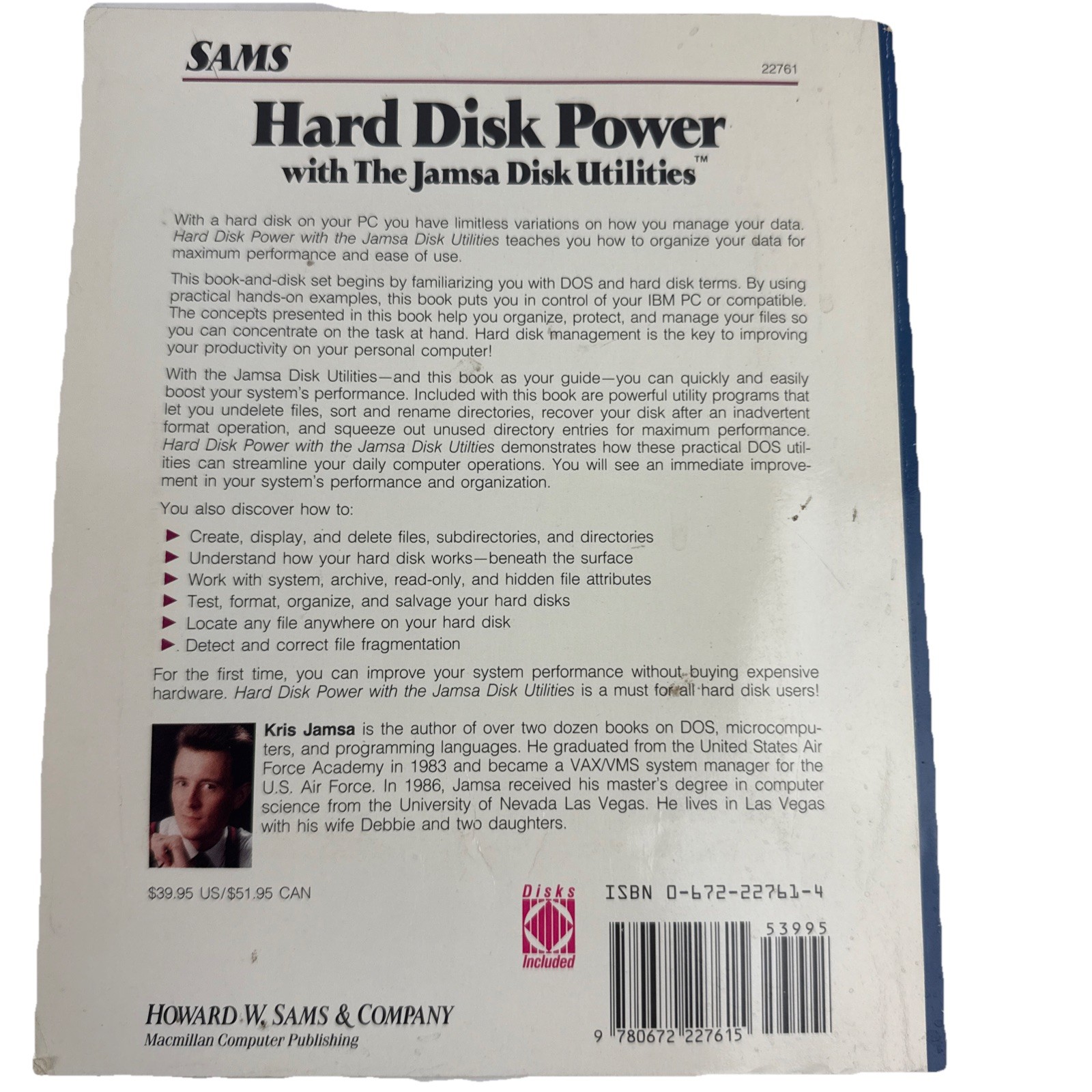 Sams Hard Disk Power Kris Jamsa Book 2 Floppy Disks Vintage 1990 MS DOS