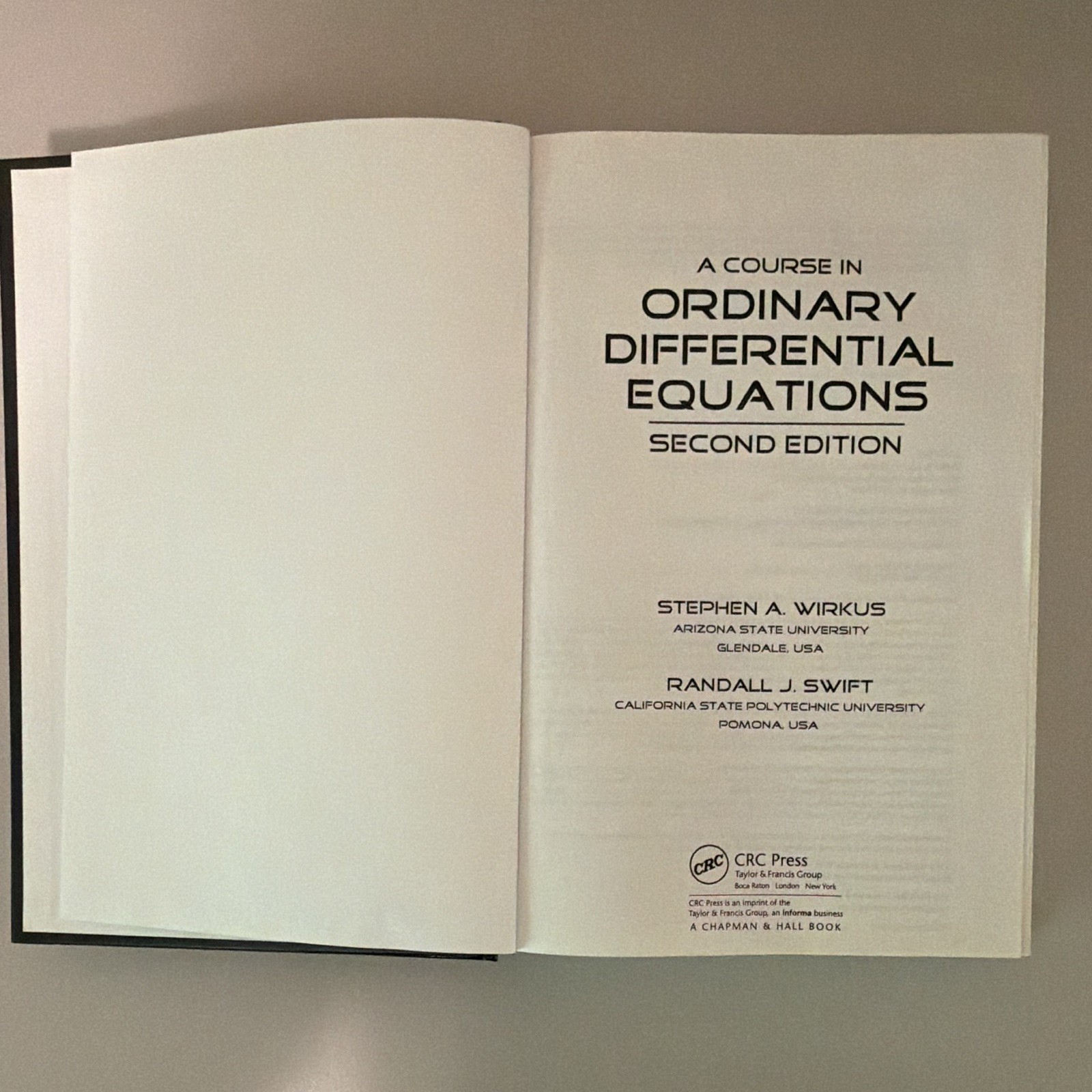 CRC Press A Course in Ordinary Differential Equations 2nd Ed HC Wirkus Swift