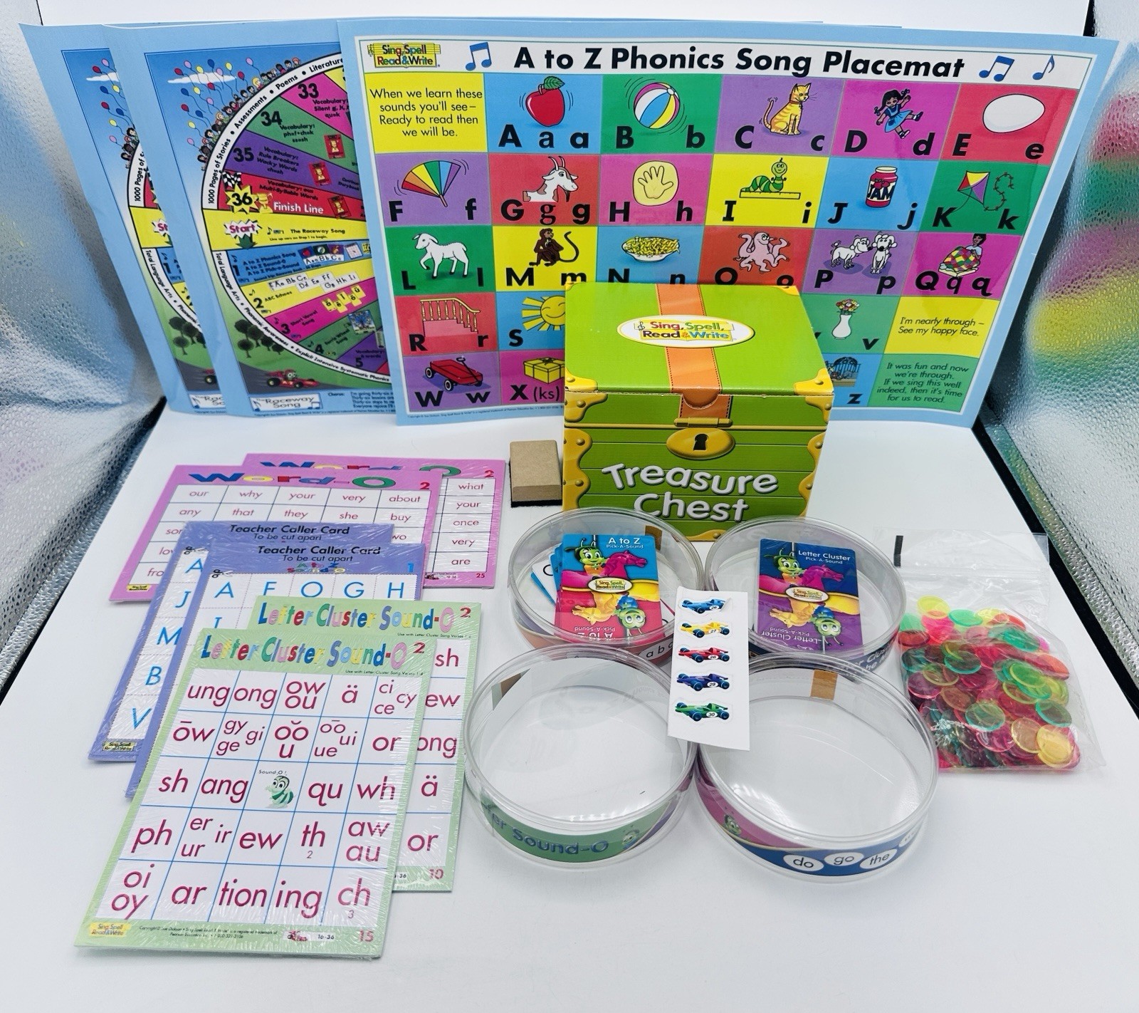Sing Spell Read & Write, Games, Mats, Cards, Chest & Rare Vinyl Cars, Very Good