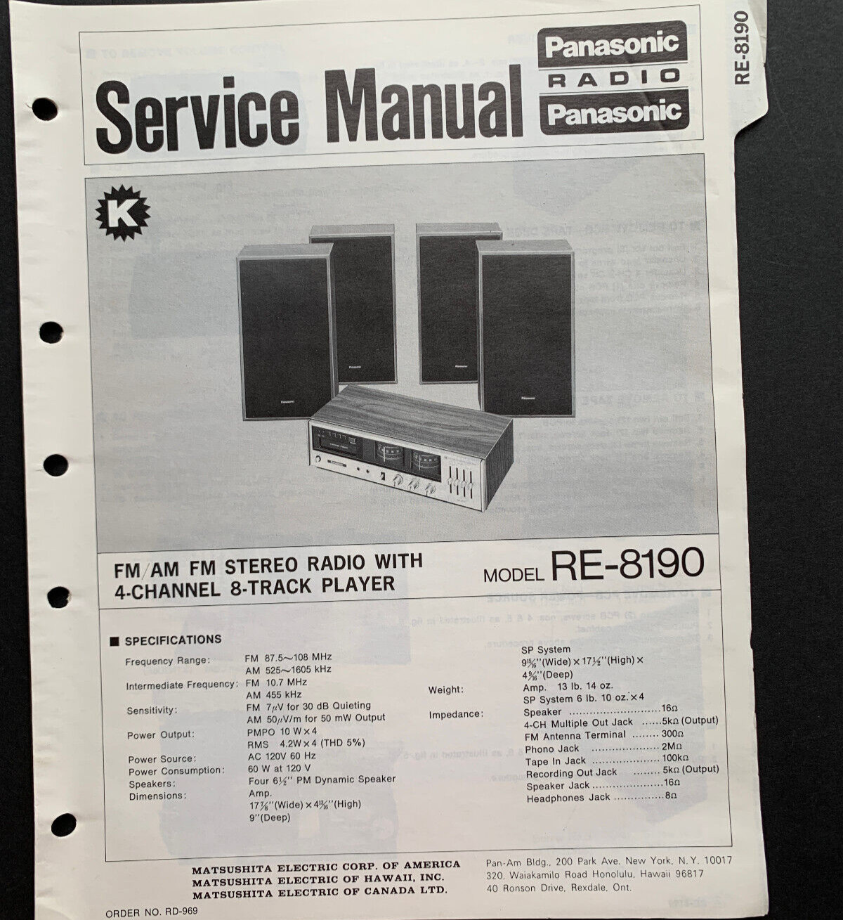 Panasonic RE-8190 FM/AM Quadraphonic 4-Channel 8-Track ORIGINAL Service Manual