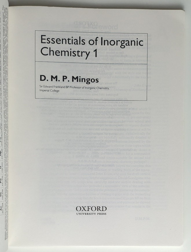 Essentials of Inorganic Chemistry 1 by D. M. P. Mingos (Paperback, 1995)