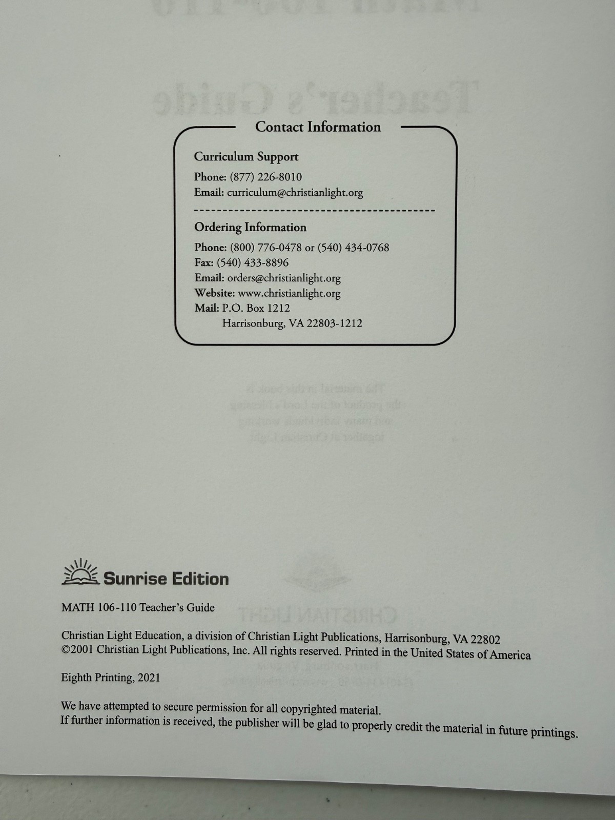 Christian Light Education – Mathematics 1 – Teachers Guides 101-105 & 106-110