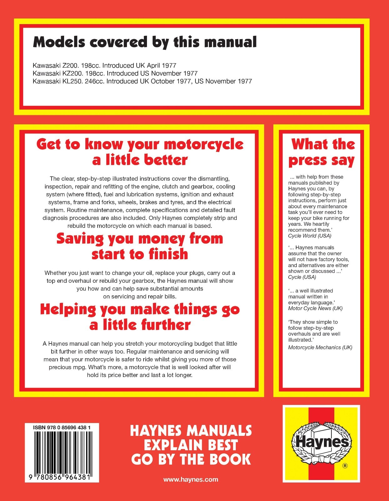 Haynes Manual 0438 for Kawasaki Z200 & KL250 Singles (77 – 78) LIMITED REPRINT