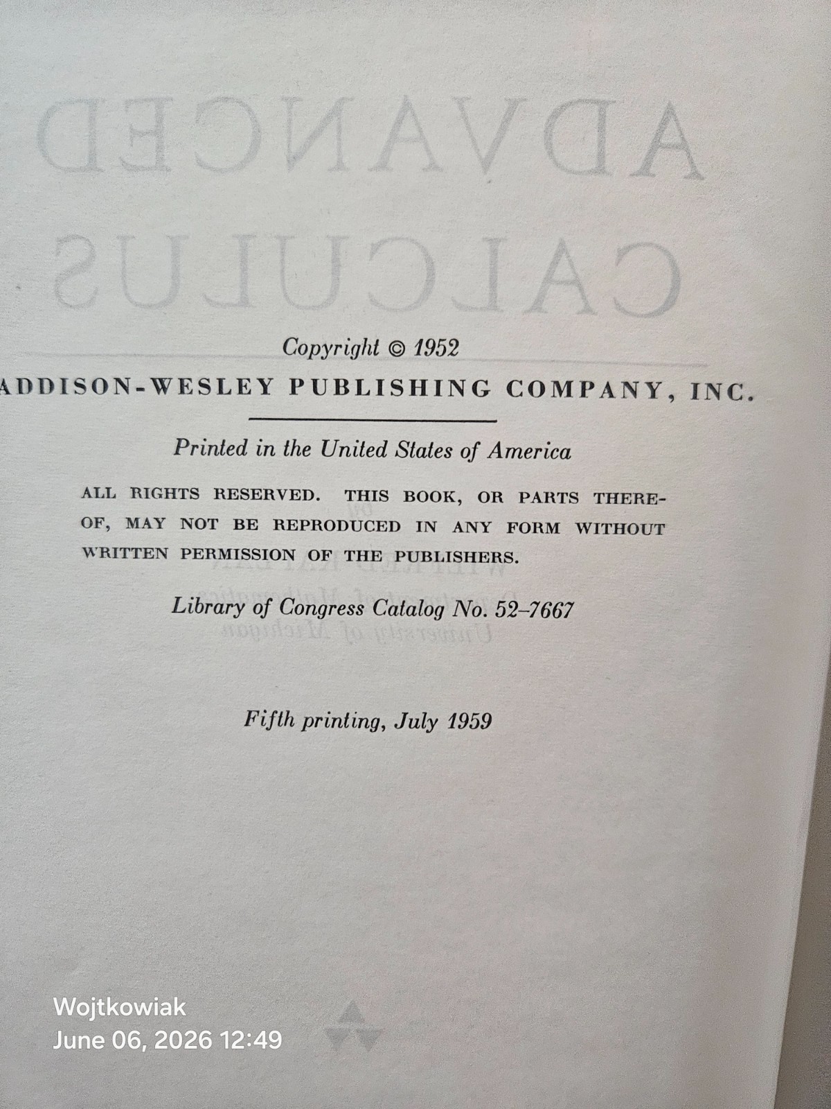 11# 1959 Advanced Calculus by Wilfred Kaplan – Fifth Printing Hardcover Book
