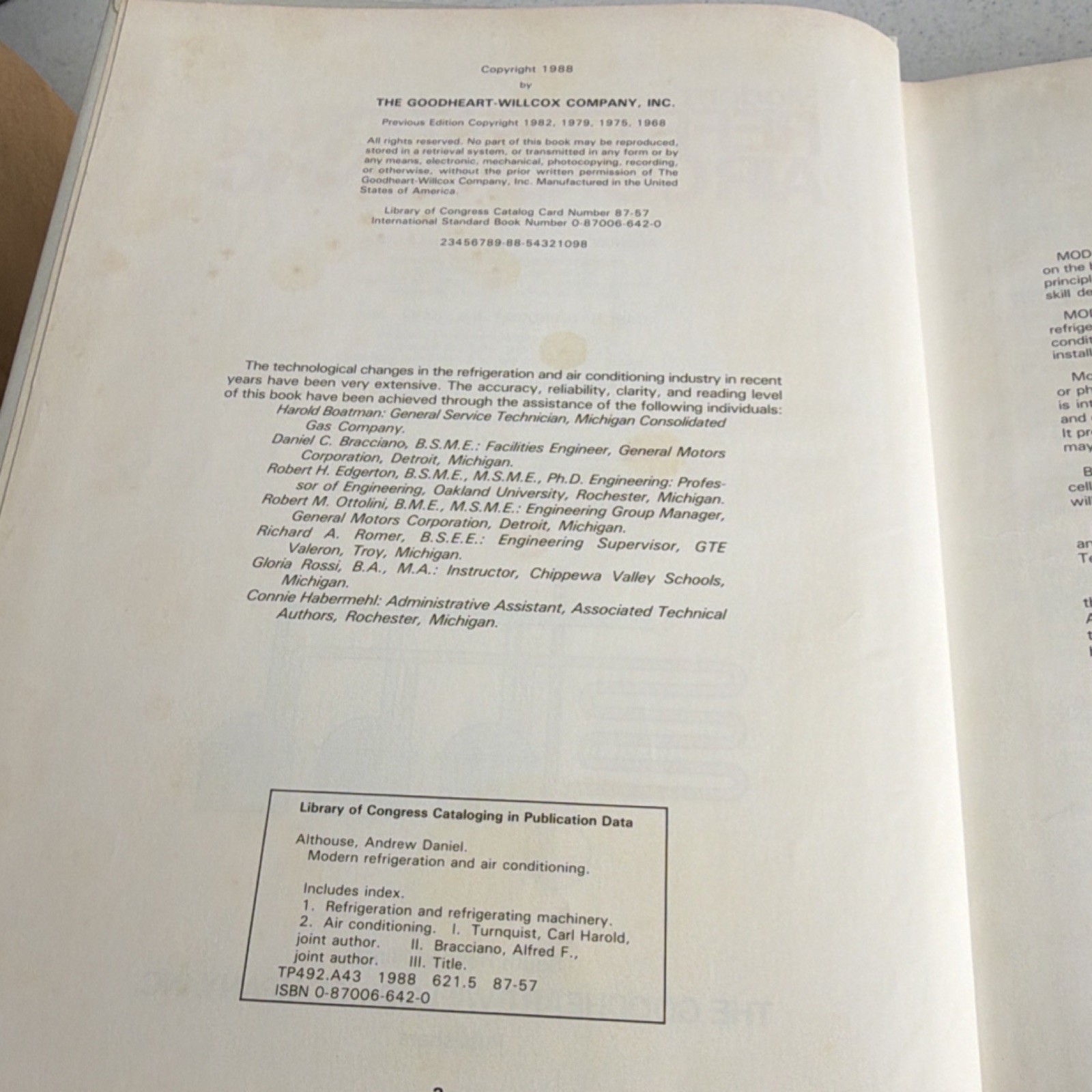 Modern Refrigeration and Air Conditioning 1988 Hardcover by Althouse