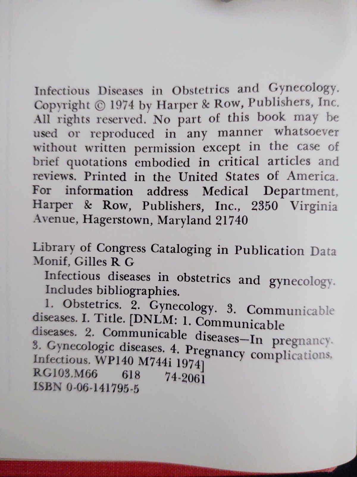 Infectious Diseases in Obstetrics and Gynecology 1974 Monif Hardcover