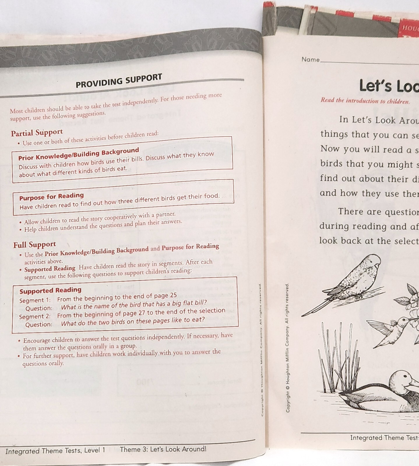 Houghton 1st Grade Reading INTEGRATED THEME TESTS Teacher Edition level 1.1-1.5