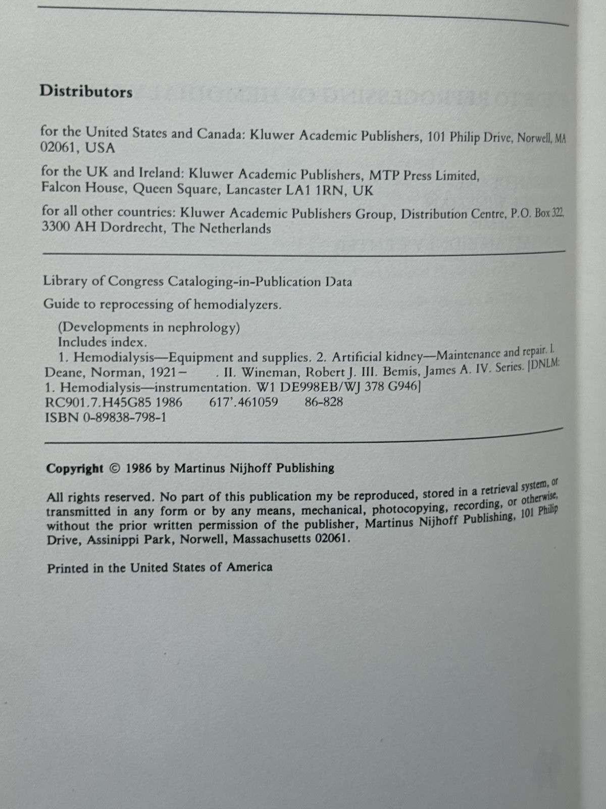 Guide to Reprocessing of Hemodialyzers (1986) Norman Deane Robert J. Wineman VG