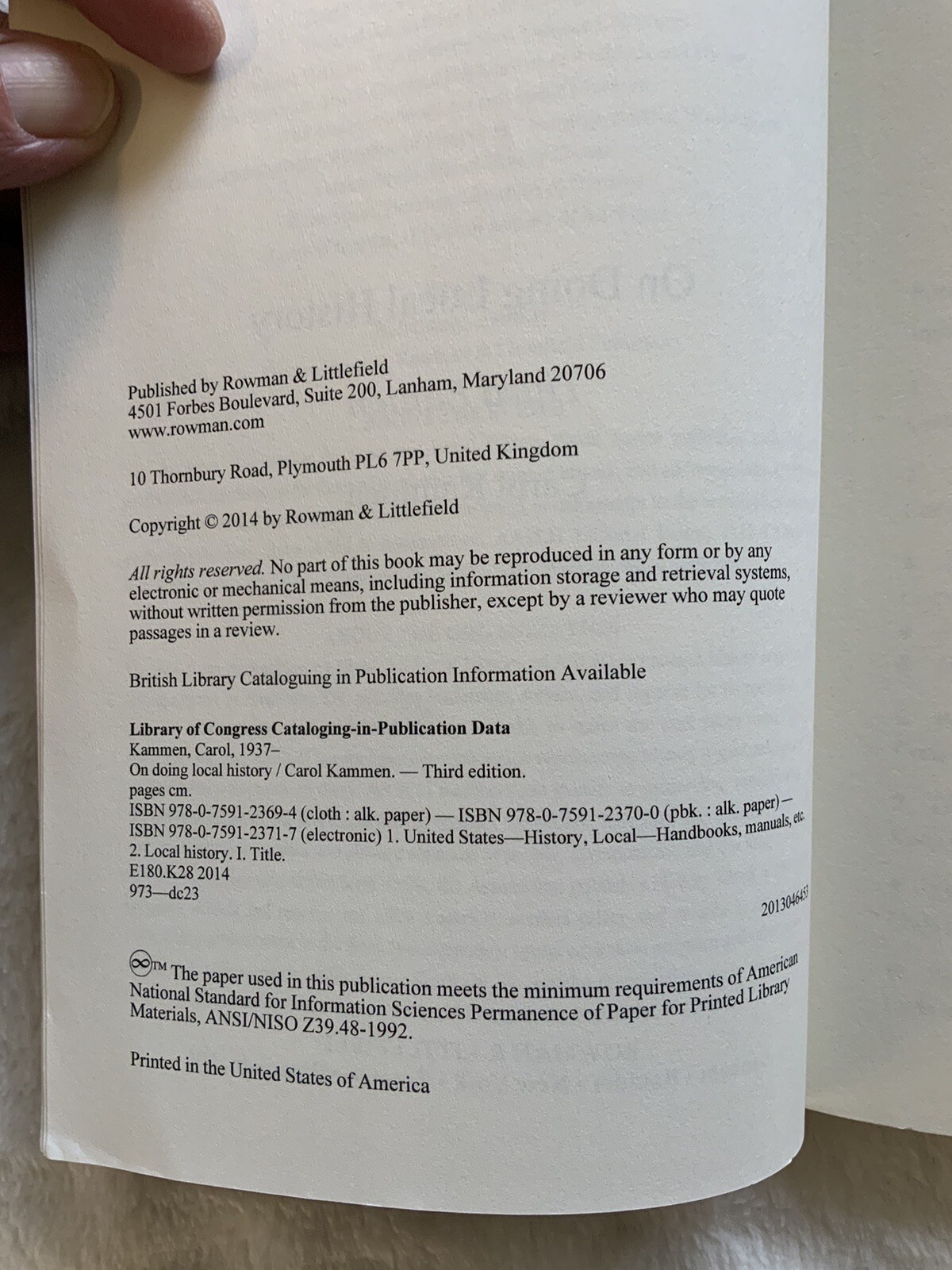 On Doing Local History by Carol Kammen: Used