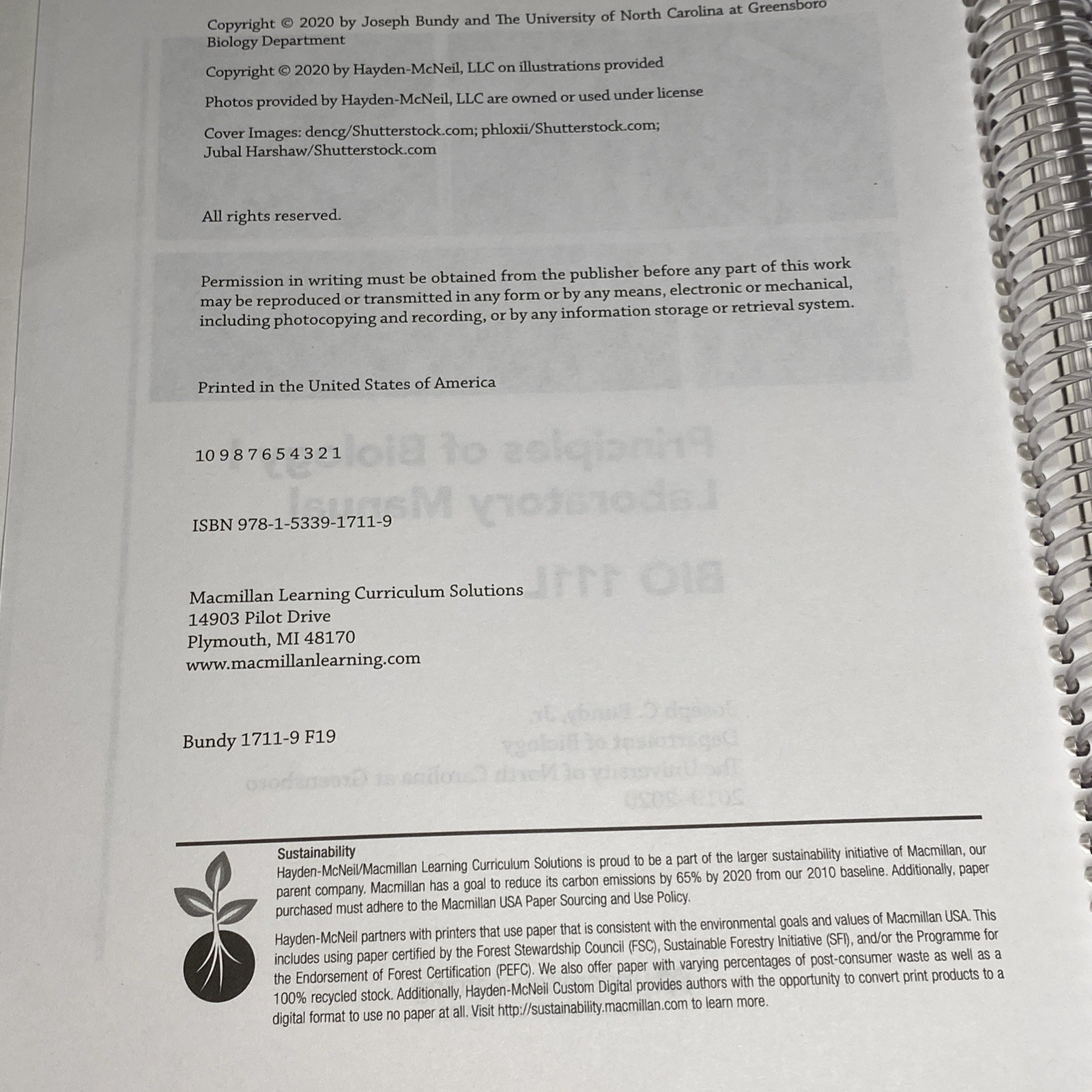 UNCG BIO 111L Lab Manual: Principles of Biology I – Hayden-McNeil (2019-2020)