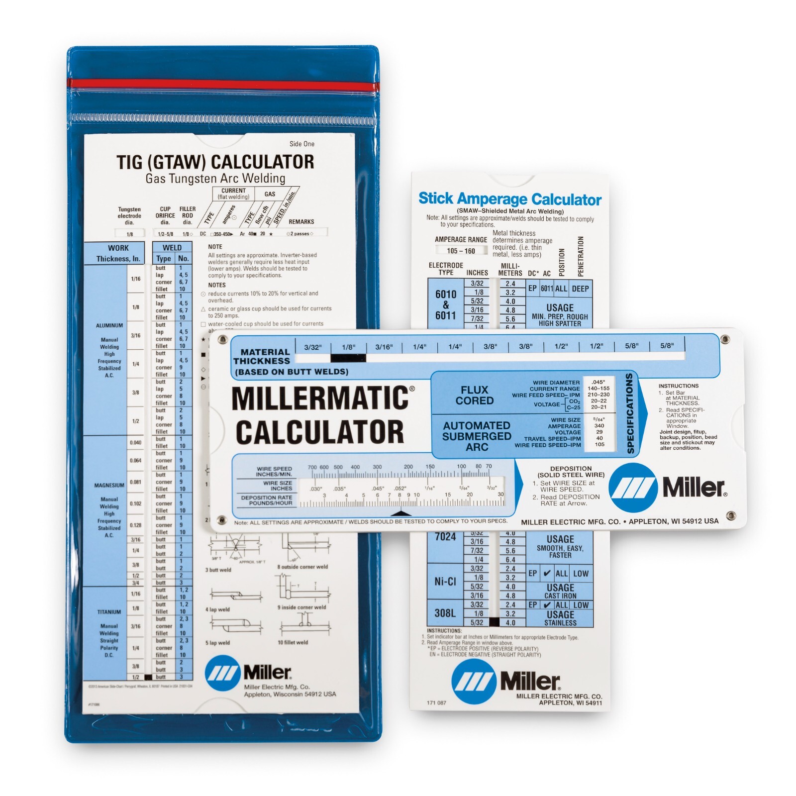 TIG, MIG & SMAW Miller Welding Calculators 3 Pk Calc