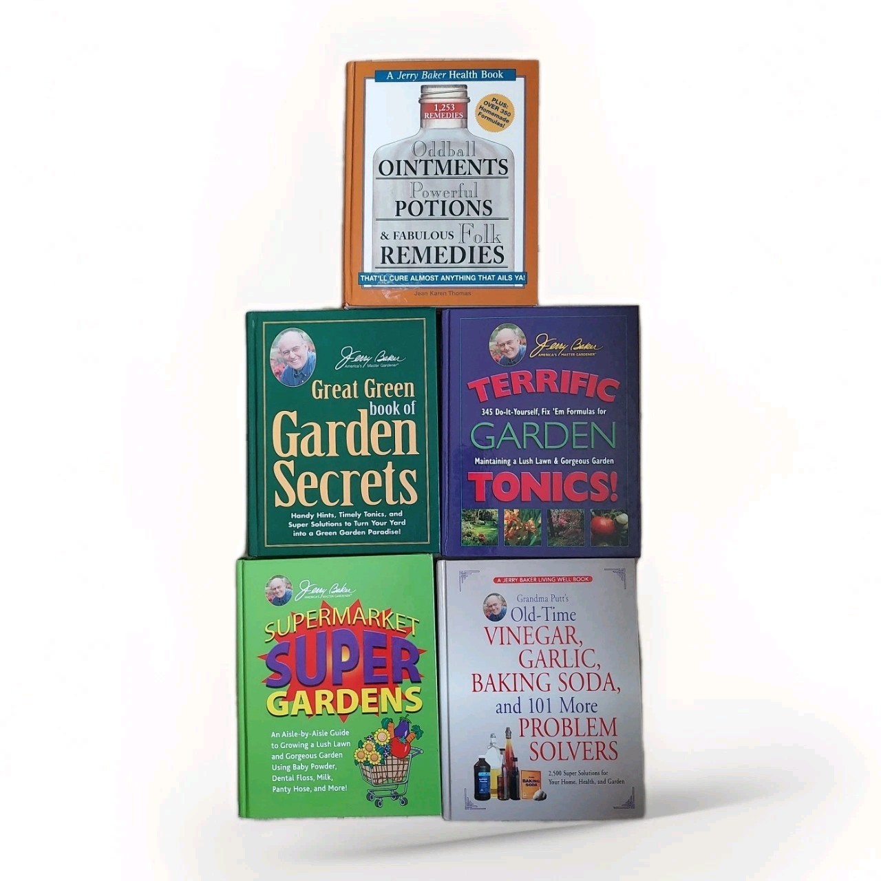 Lot of 5 Books by Jerry Baker – Gardening – Folk Remedies – Problem Solvers