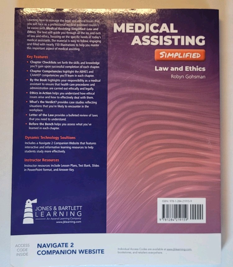 Medical Assisting Simplified Law and Ethics Robyn Gohsman Great Condition