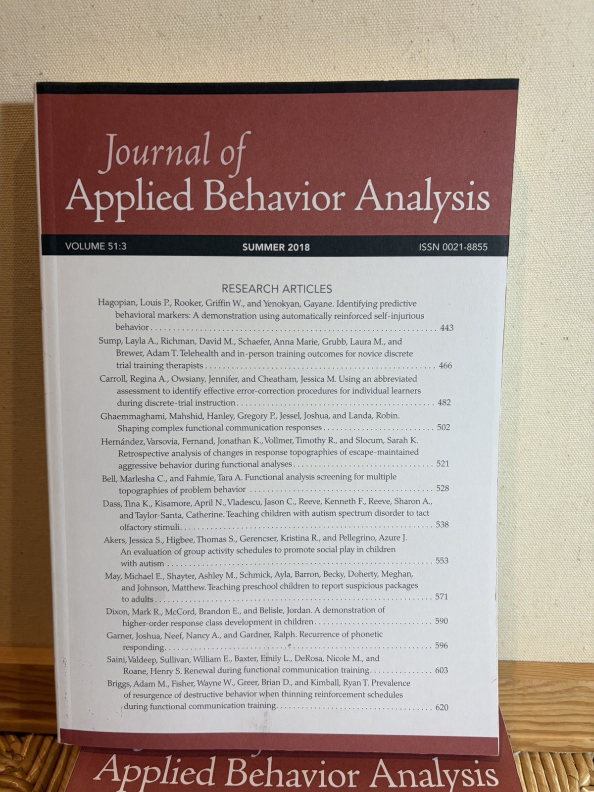 Journal of Applied Behavior Analysis Lot 7 Vol 50–52 2017–2019 ABA VG