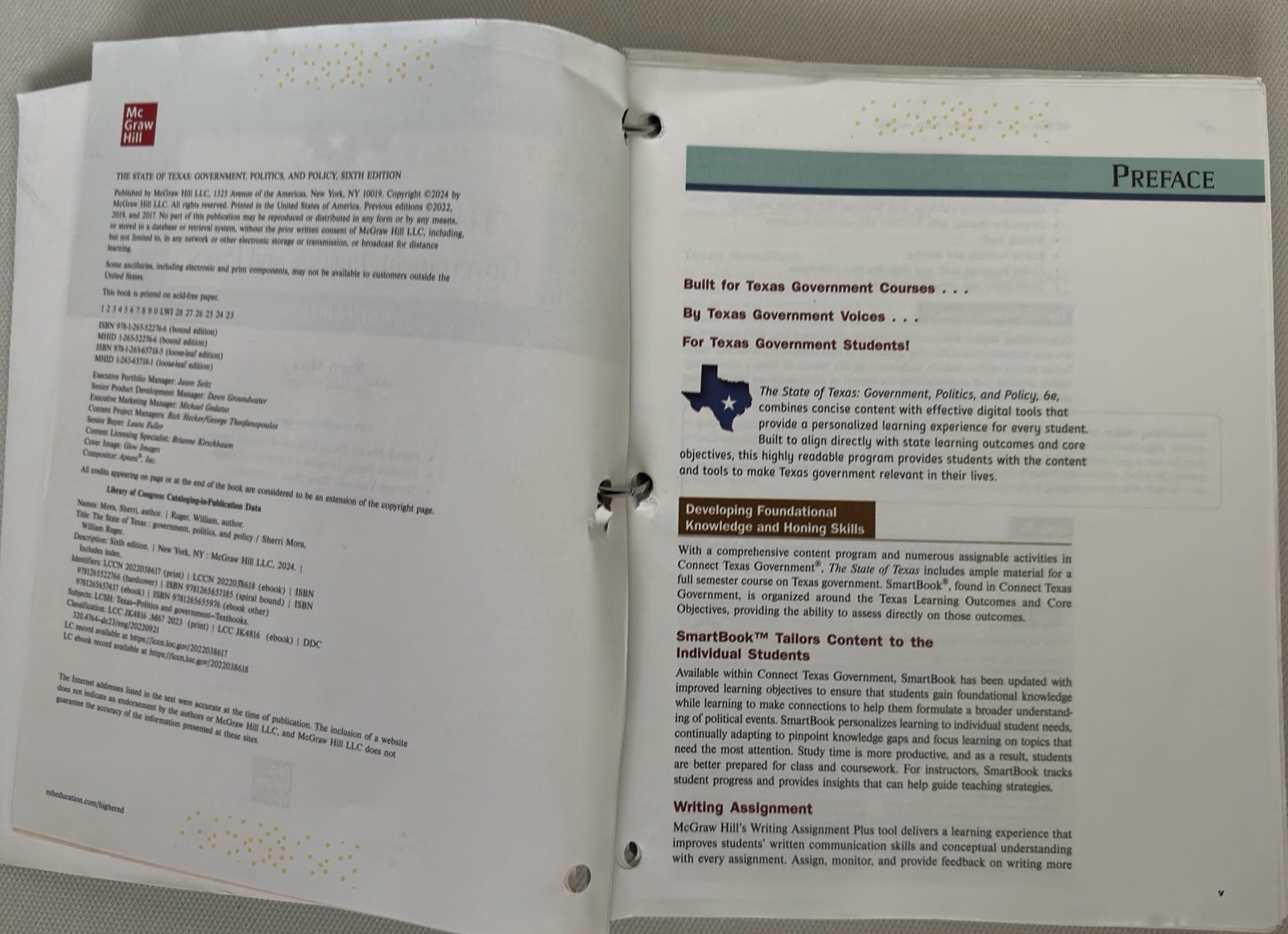 McGraw Hill State of Texas Govt Politics & Policy 6th Ed Spiral Bound Mora