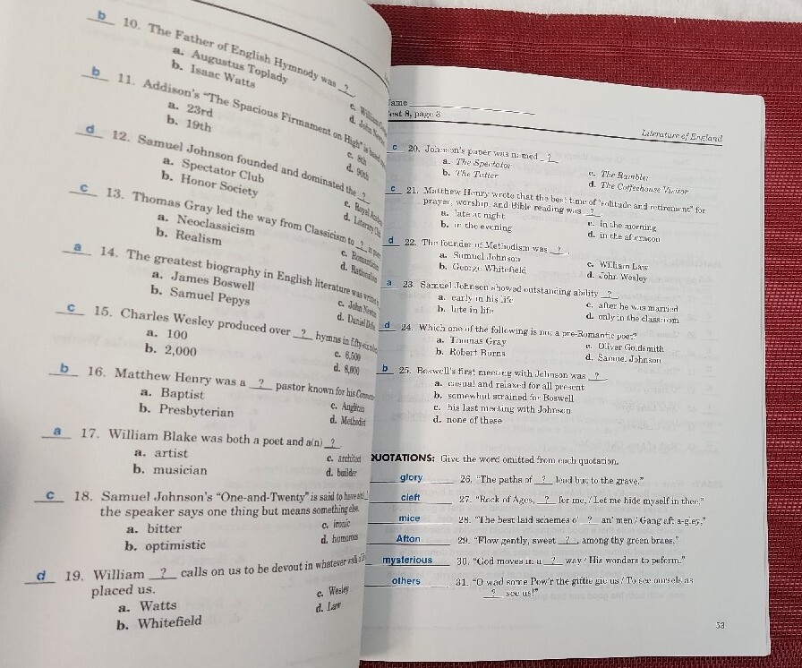 A Beka Book ENGLISH LITERATURE Teacher Test / Quiz Key 43249006 pb