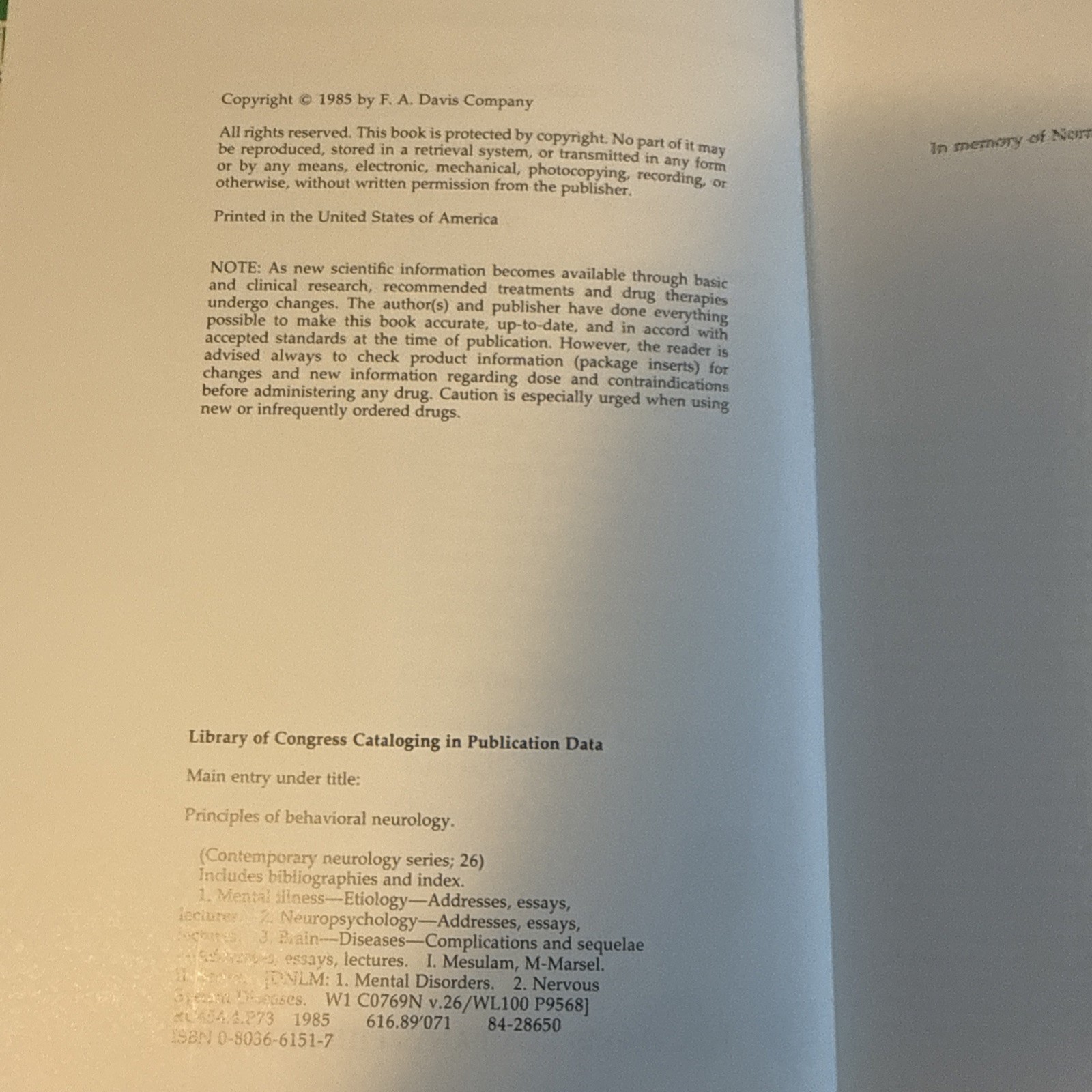 Principles of Behavioral Neurology 1st Edition M.-Marsel Mesulam + 5 Tests HC