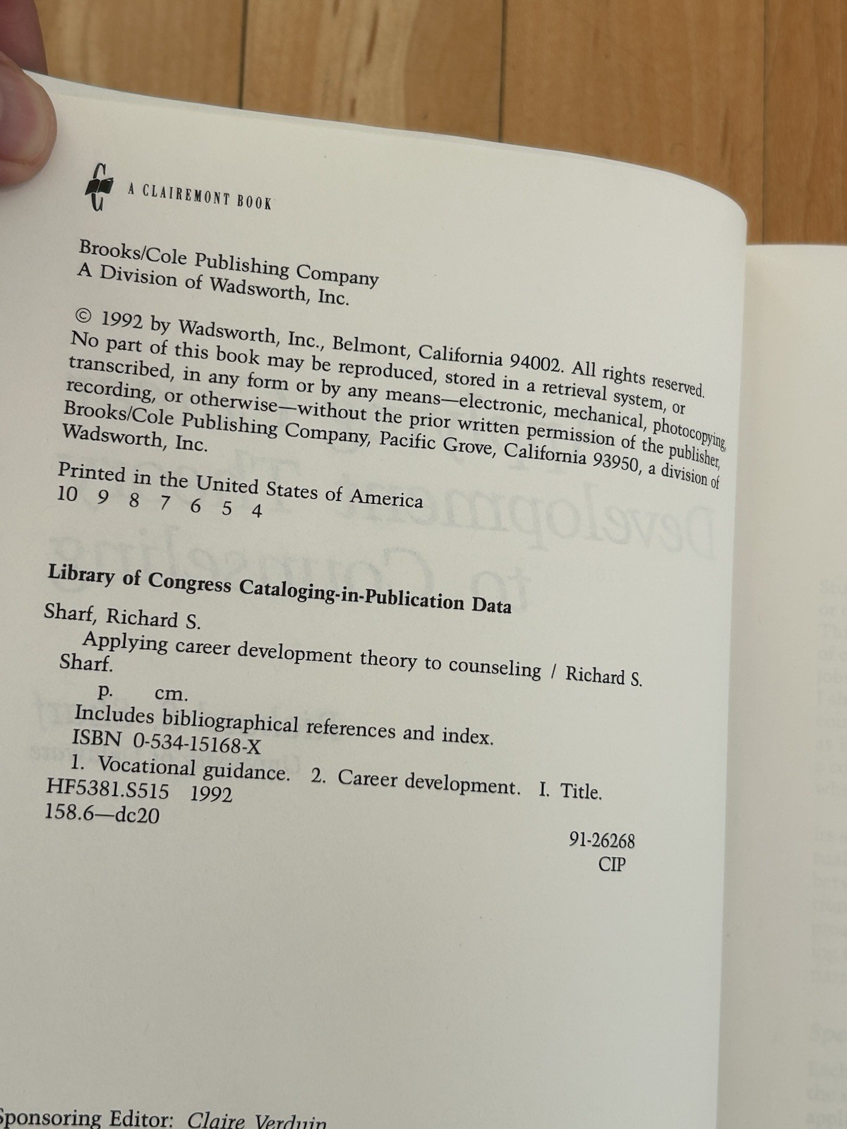 Applying Career Development Theory to Counseling by Sharf R.S. Copy 1992 HC NOS