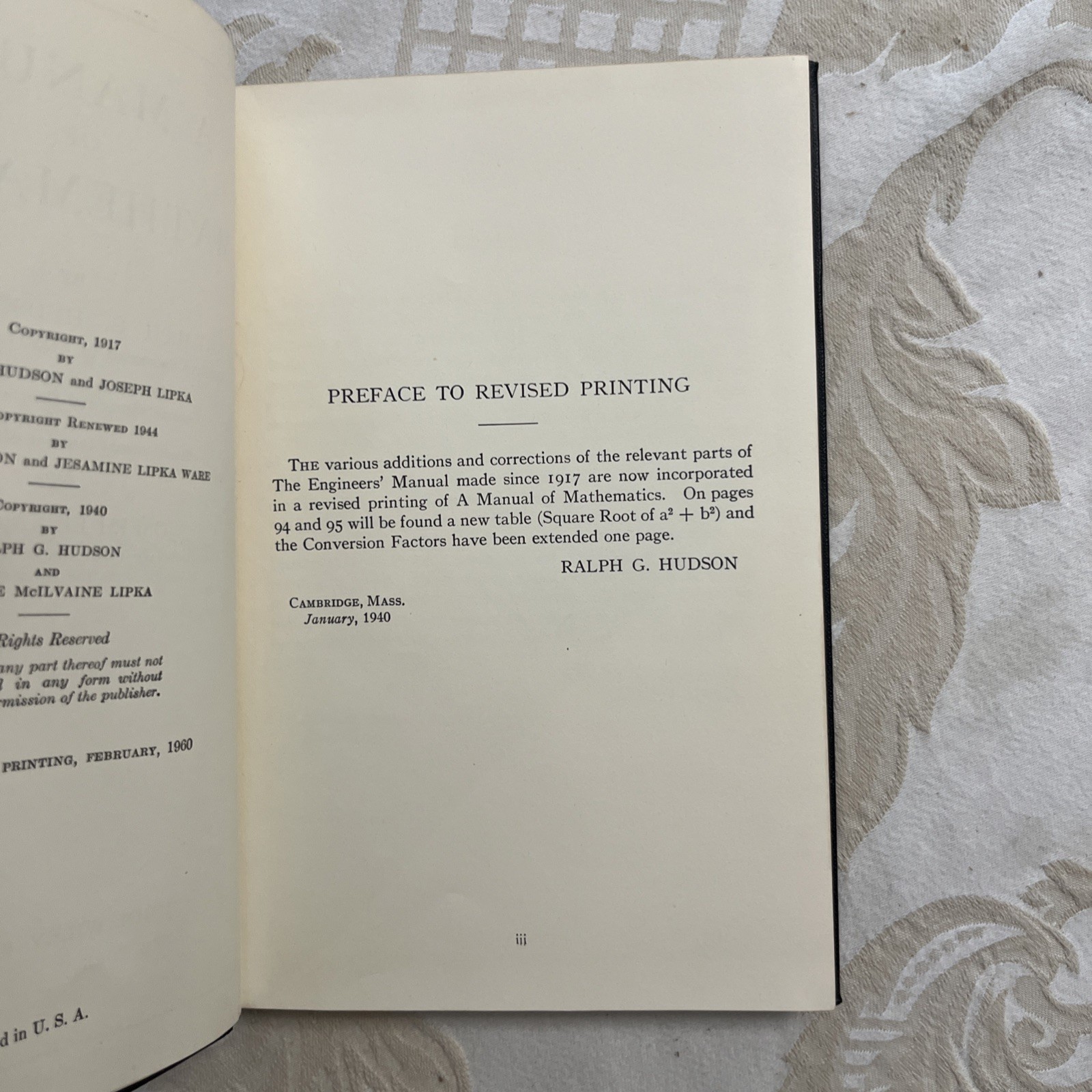 A Manual Of Mathematics, Hudson And Lipka. John Wiley 1960. Reprint Hardback.