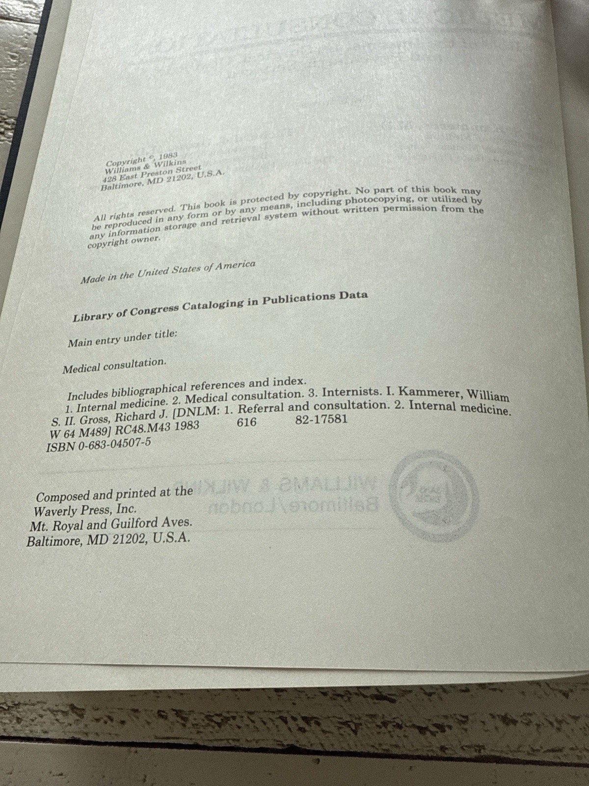 Medical Consultation Kammerer Gross 1983 Internist Surgical Psychiatry Book