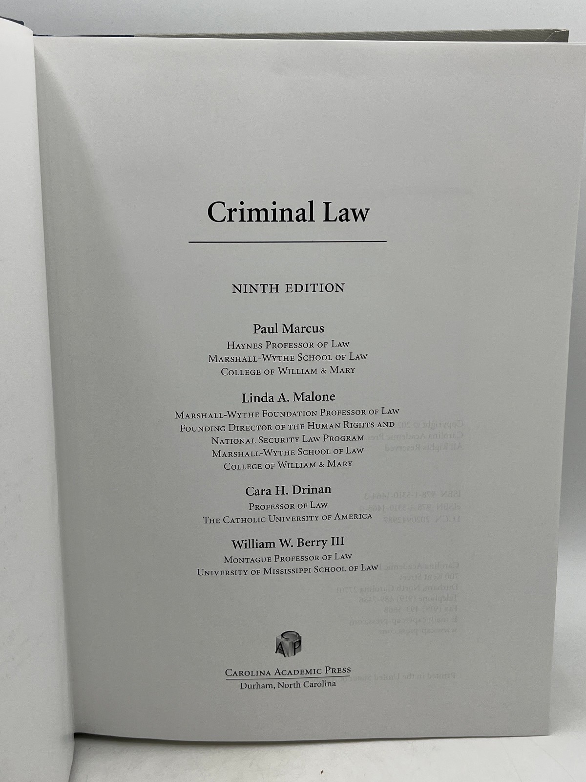 Criminal Law, Ninth Edition – Paul Marcus 2021 Carolina Academic Press HC