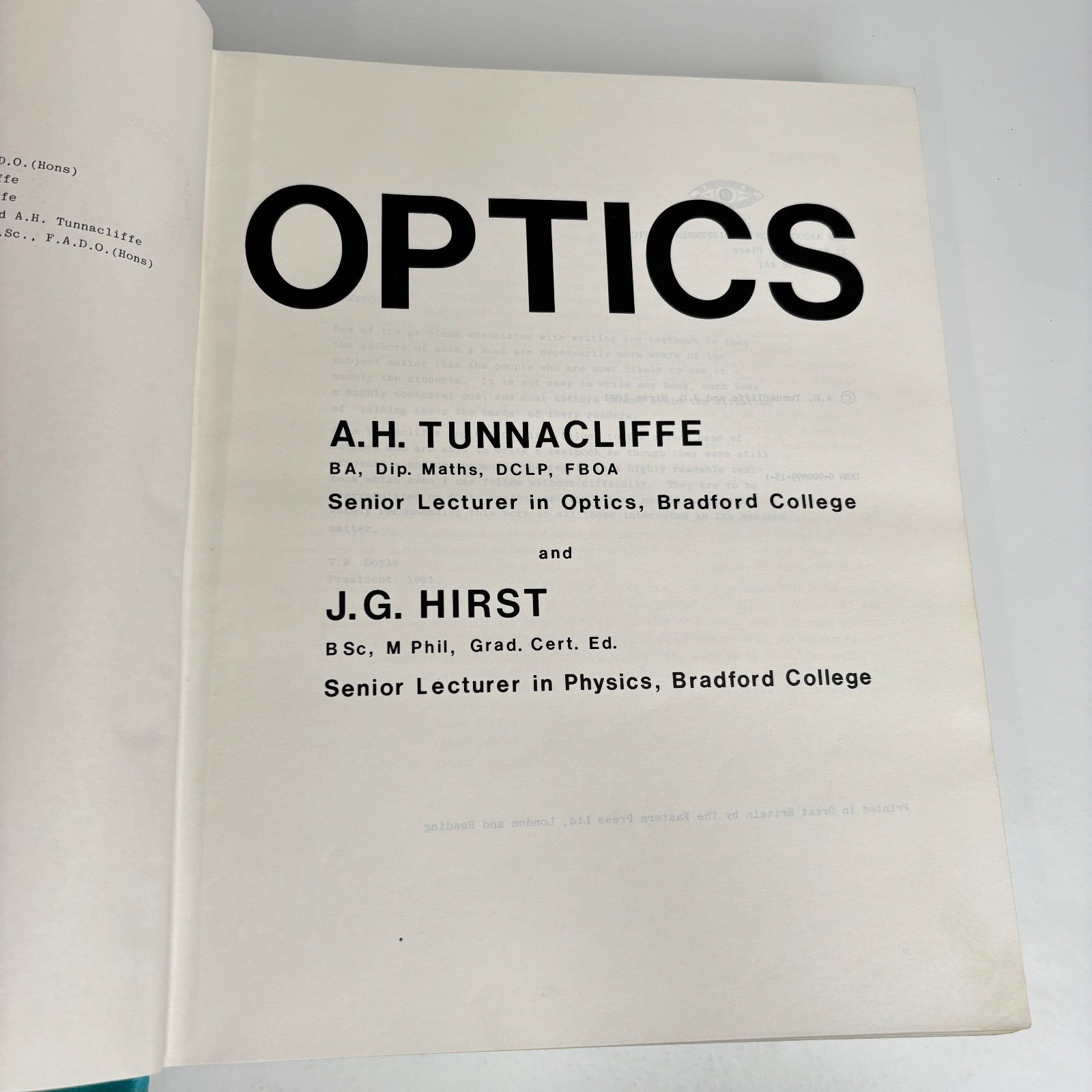 Optics AH Tunnacliffe & JG Hirst 1981 Signed Physics Optics Academic Reference