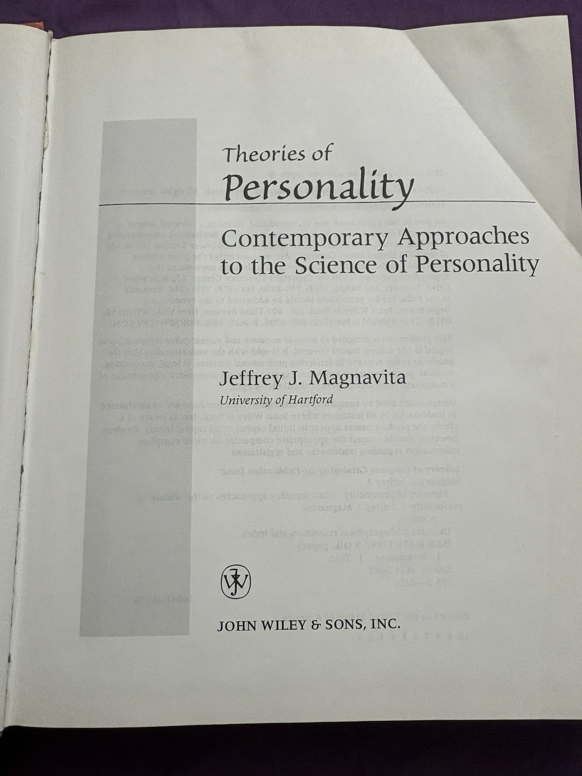John Wiley & Sons Theories of Personality Hardcover 2001 Jeffrey J. Magnavita