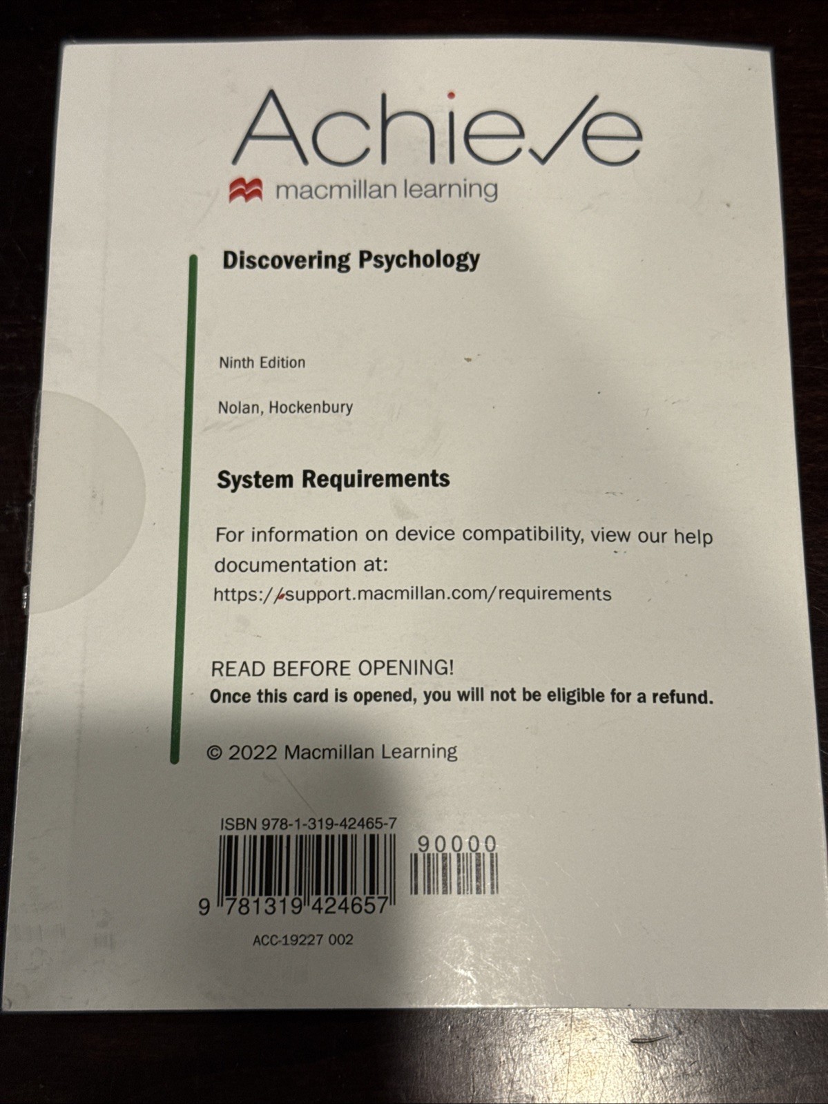Discovering Psychology 9th Edition Achieve Textbook Access Code Nolan Hockenbury