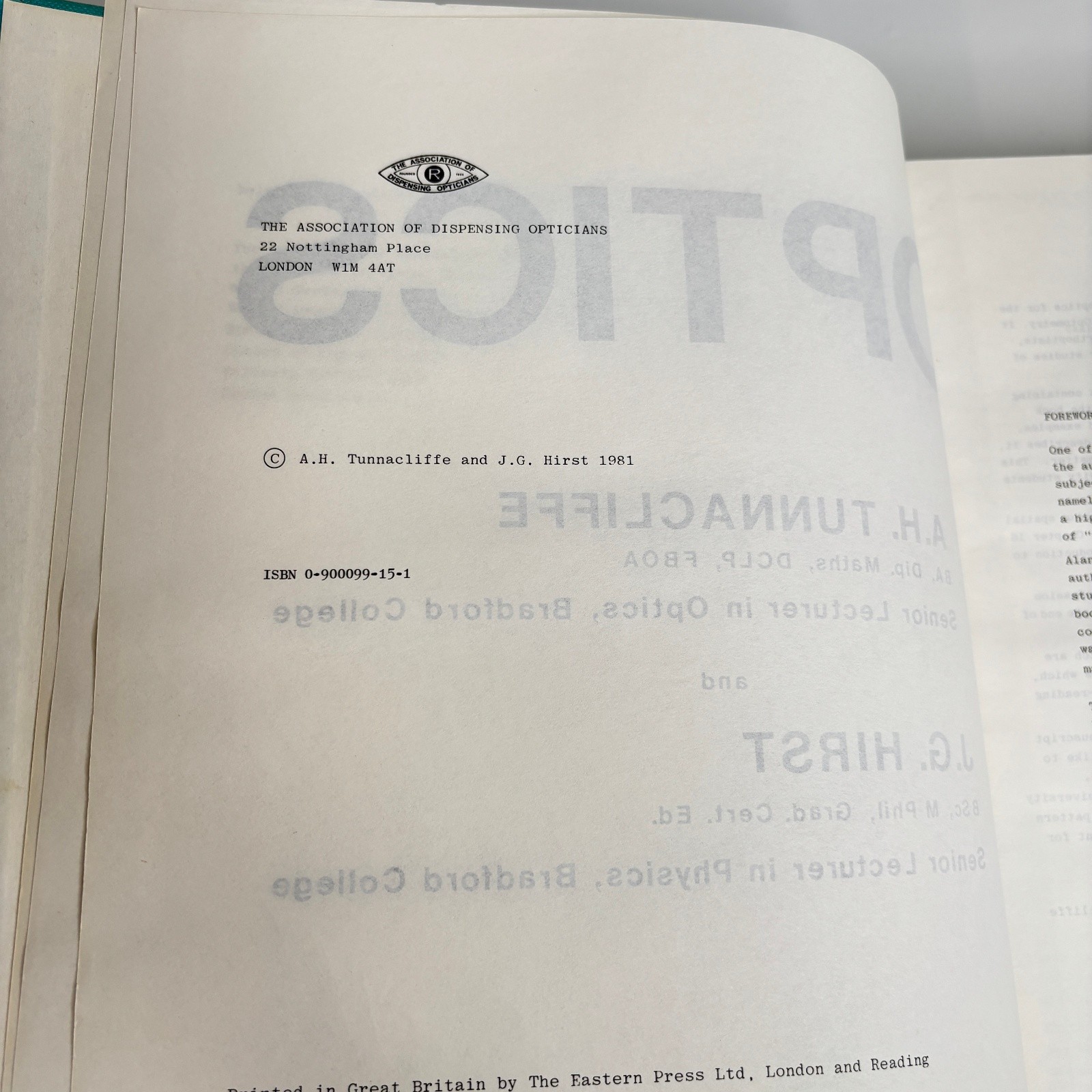 Optics AH Tunnacliffe & JG Hirst 1981 Signed Physics Optics Academic Reference