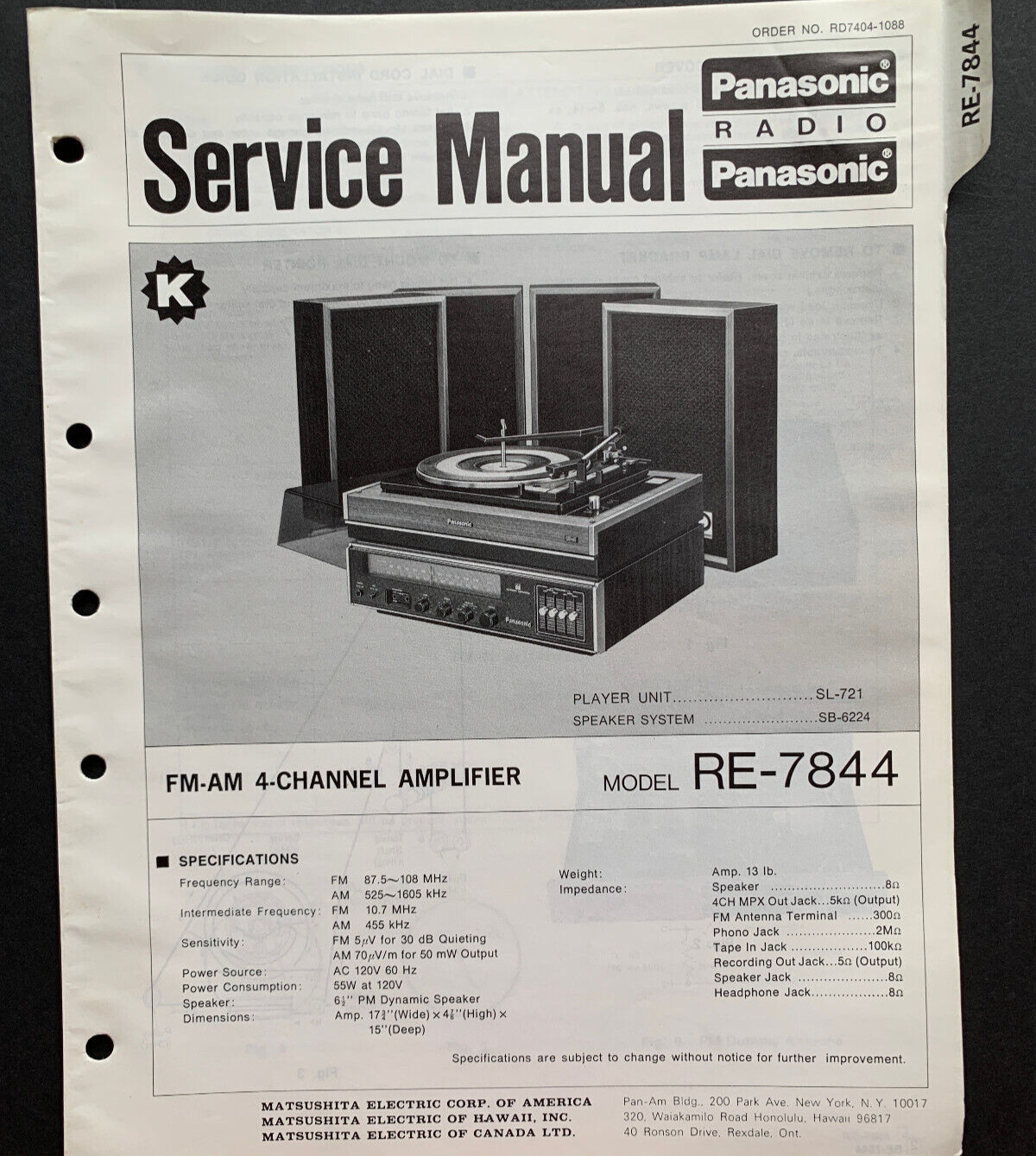 Panasonic RE-7844 FM-AM 4-Channel Amplifier ORIGINAL Service Manual