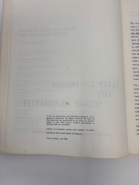 LISP 1.5 PRIMER BY CLARK WEISSMAN (1967, SC)-DICKENSON SR. IN COMPUTER & INFO SC