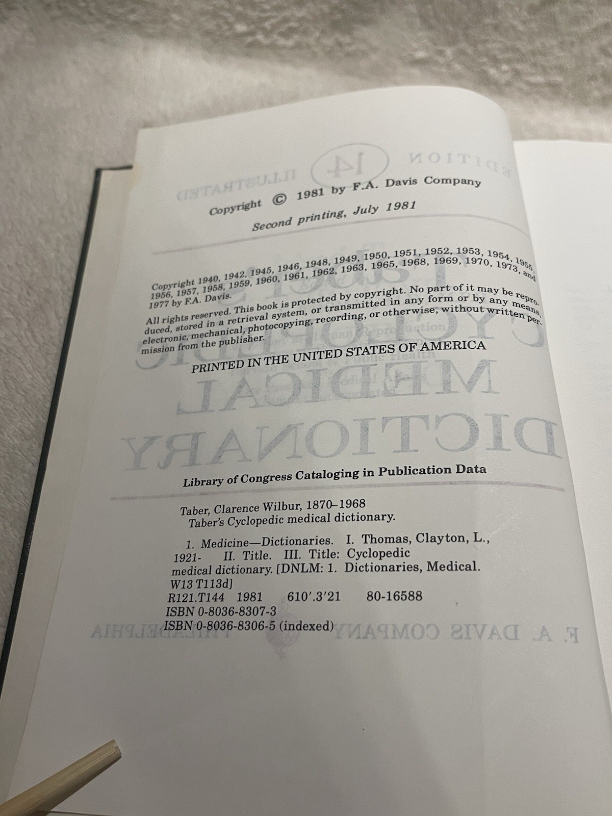Taber’s Cyclopedic Medical Dictionary – 1981 HC Second Printing