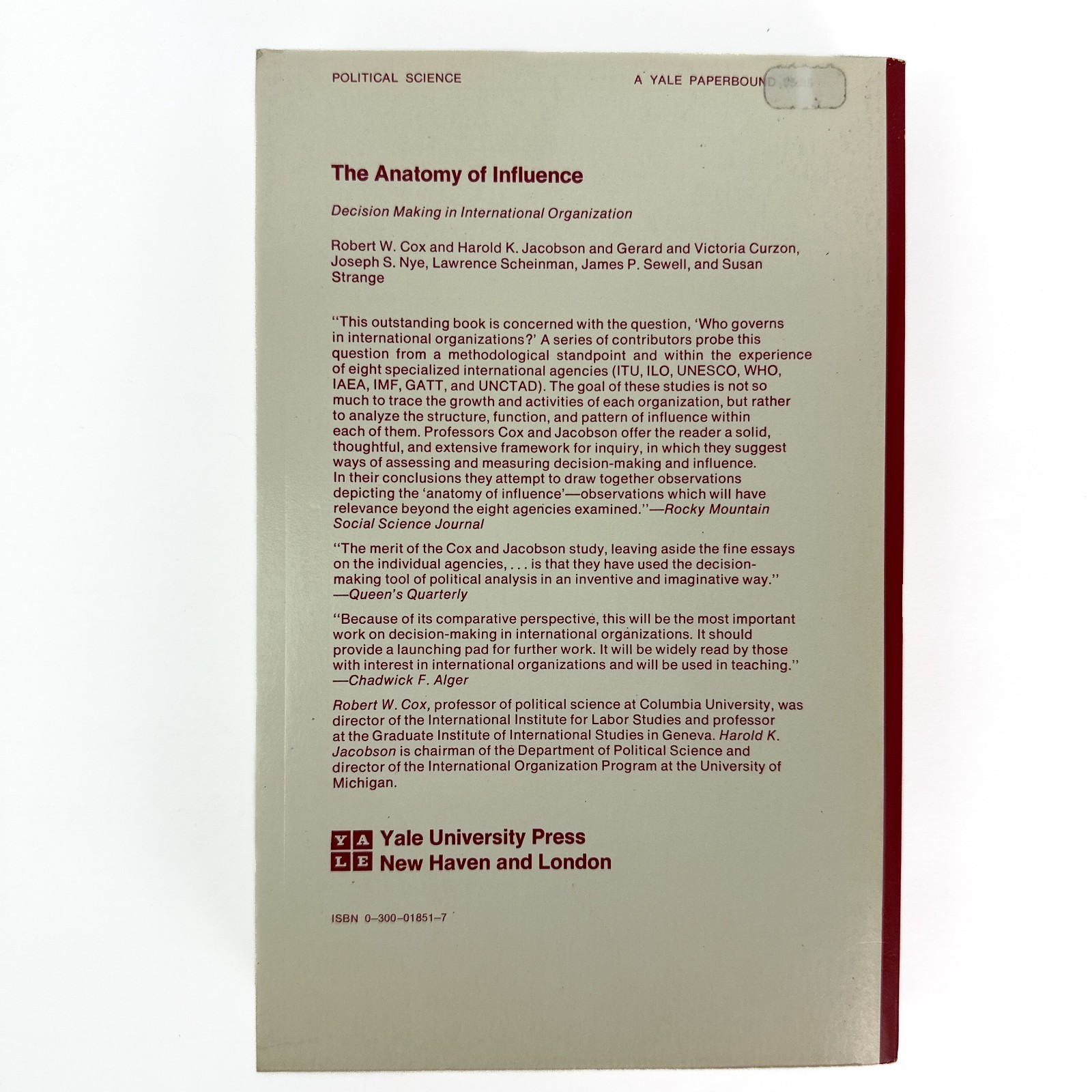 The Anatomy of Influence Robert W Cox Harold K Jacobson Yale Univ Press 1974 PB