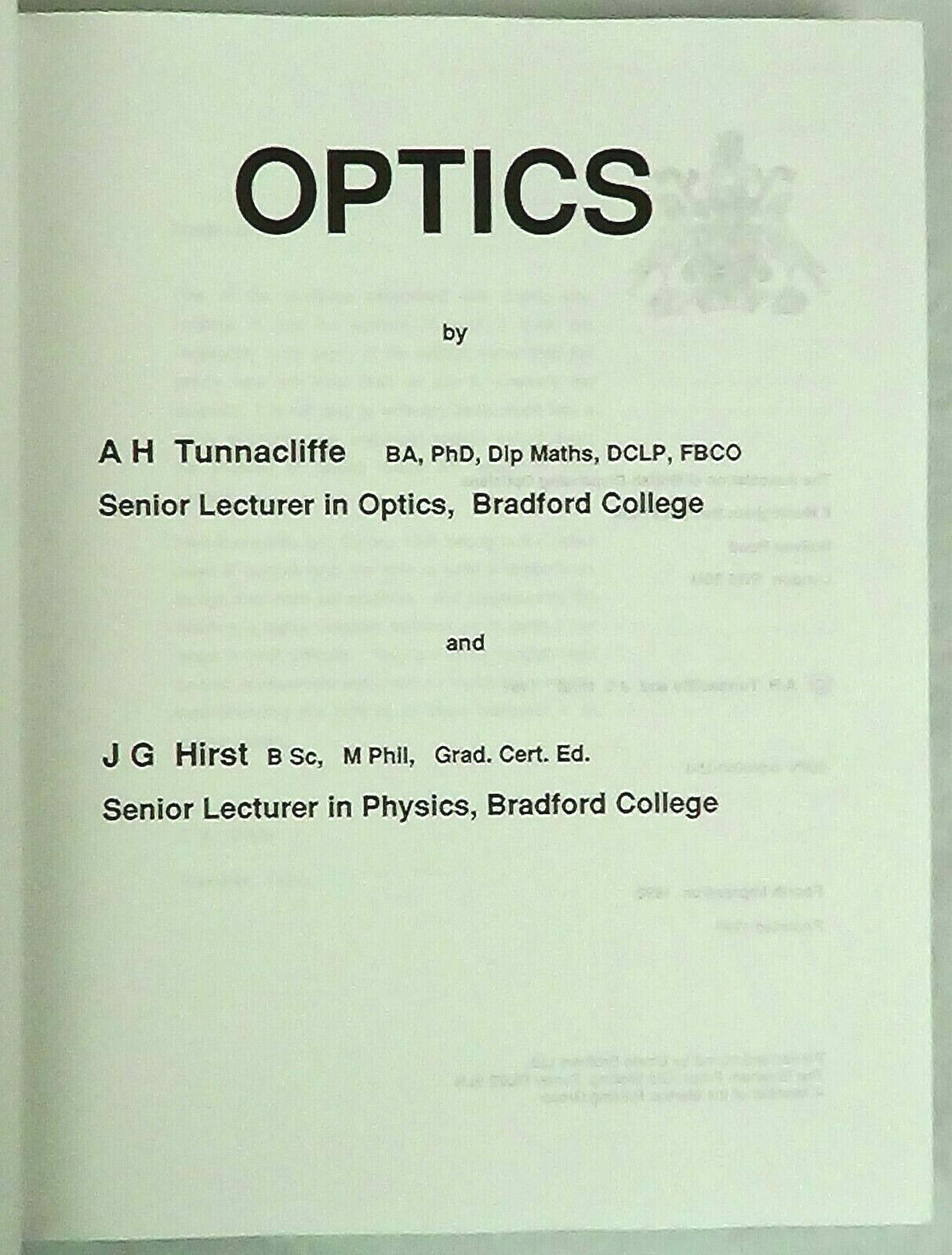Optics by Tunnacliffe & Hirst, 1990 4th Impression ABDO College Education HB
