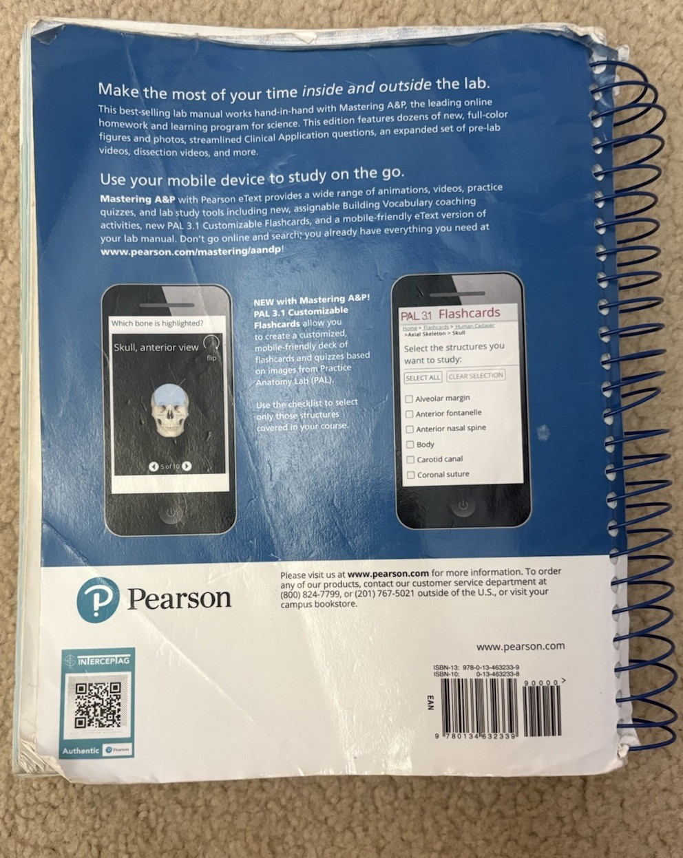 Pearson Anatomy & Physiology Lab Manual Cat Version 13th Ed Marieb Smith