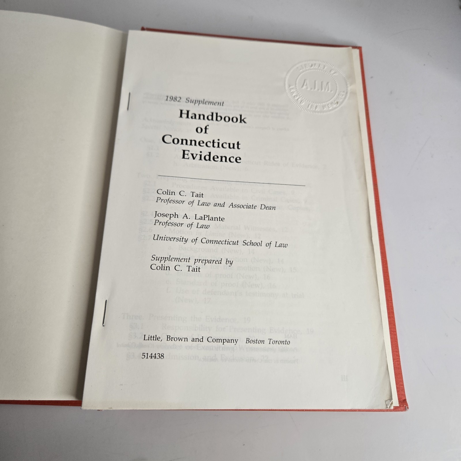 Handbook Of Connecticut Evidence Colin Tait 1976 With 1982 Supplement Red Cover