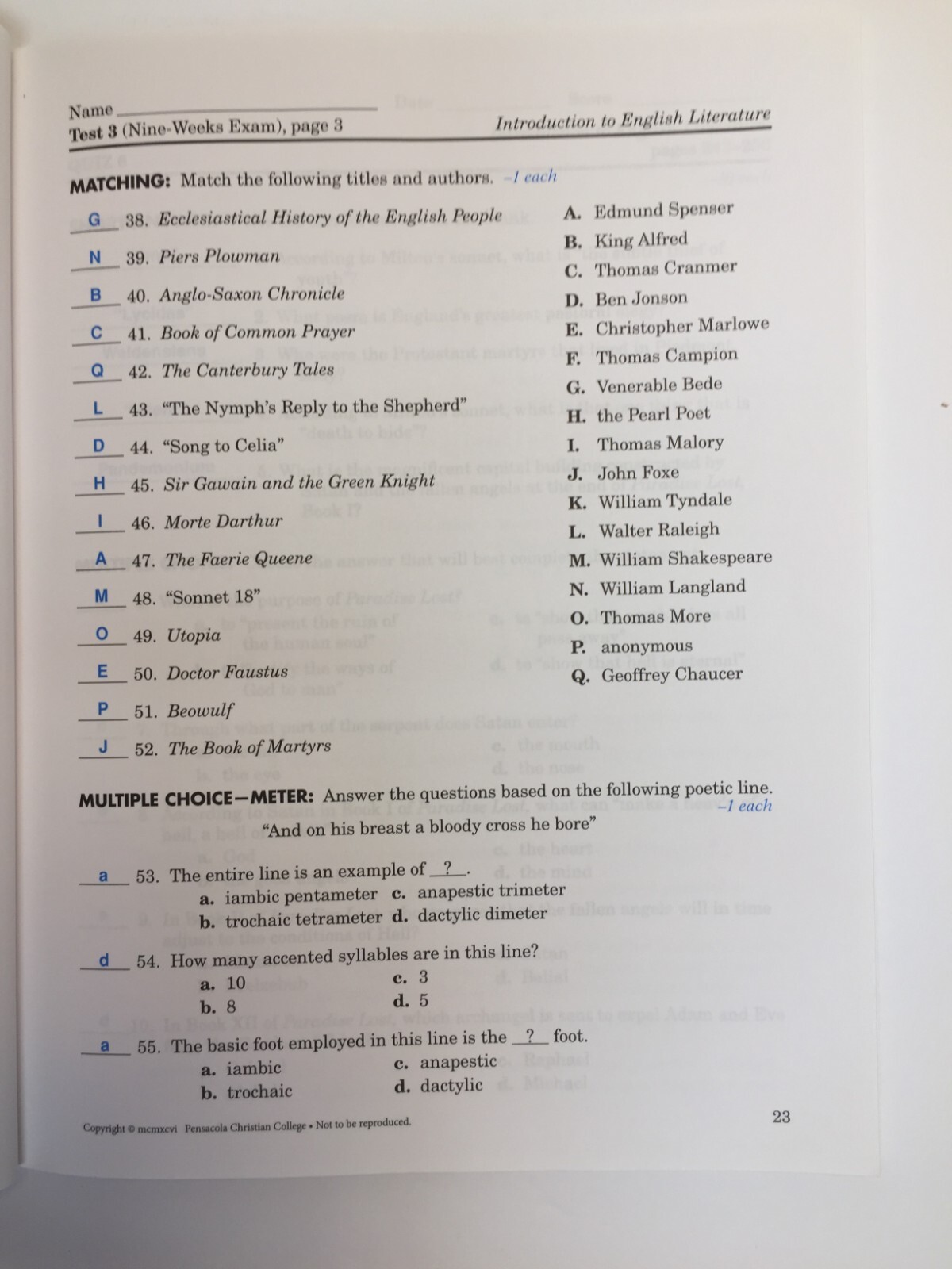 A Beka Book English Literature Teacher Test/Quiz Key Vol. 5, 6 Grade 12