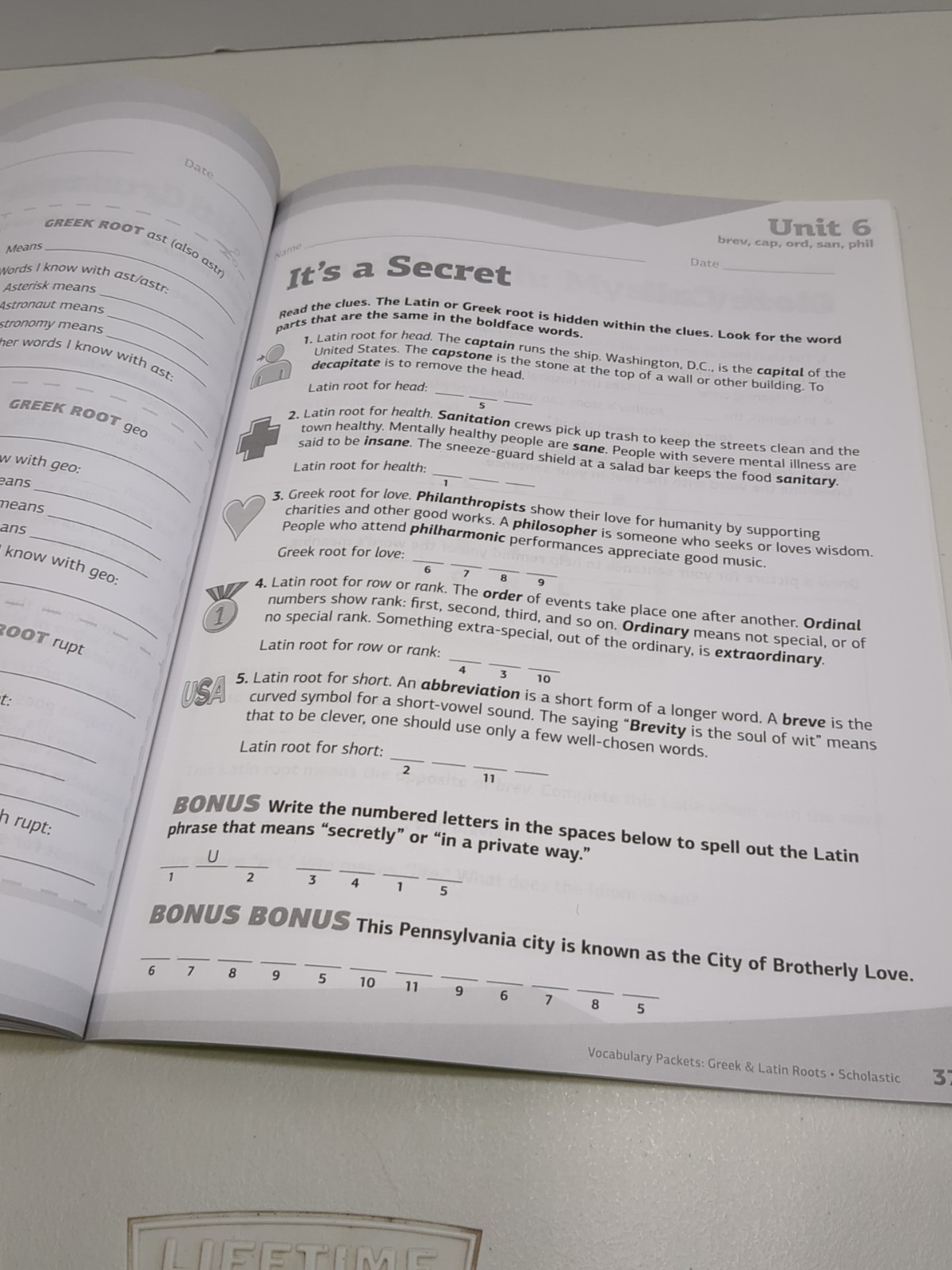 Vocabulary Packets-Greek & Latin Roots Workbook Grades 4-8 Scholastic Pre-owned