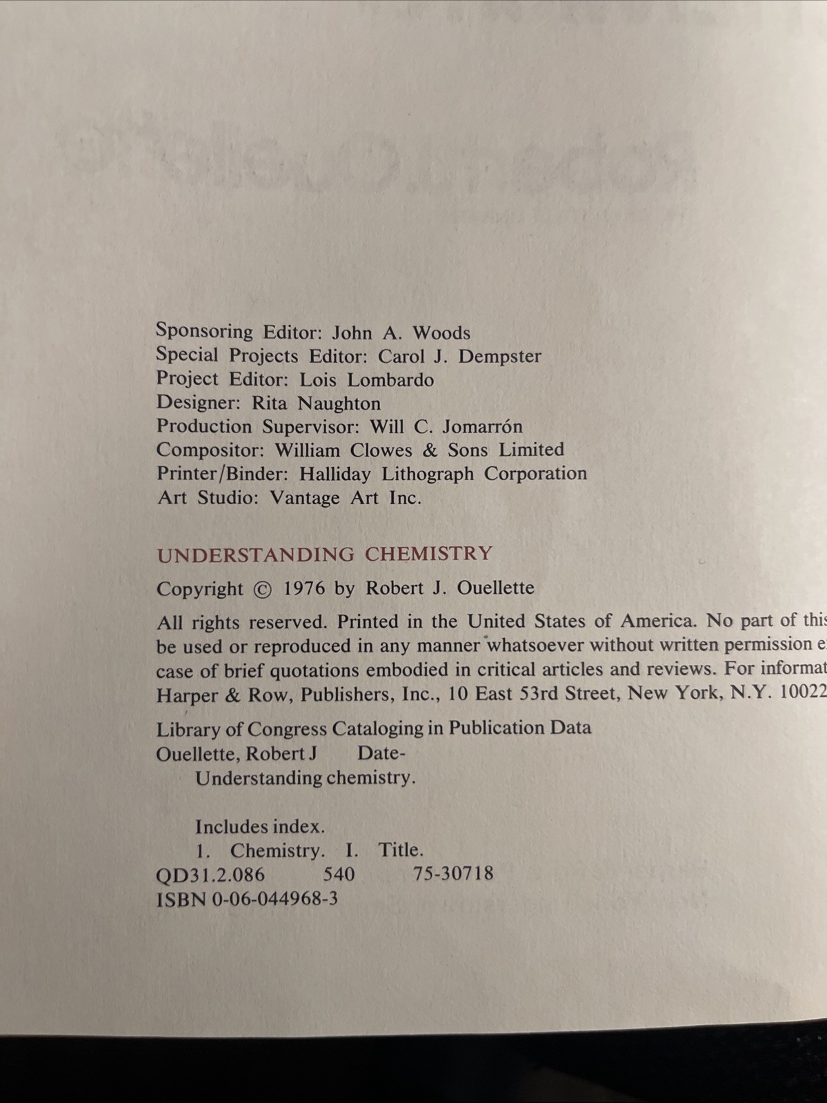 Understanding Chemistry by Robert J. Ouellette (1976 Hardcover) Harper & Row