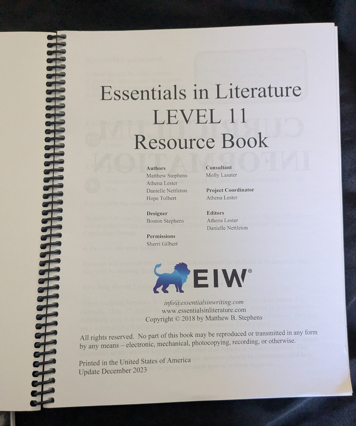Essentials In Literature Level 11 Book ONLY 2023 update by Stephens