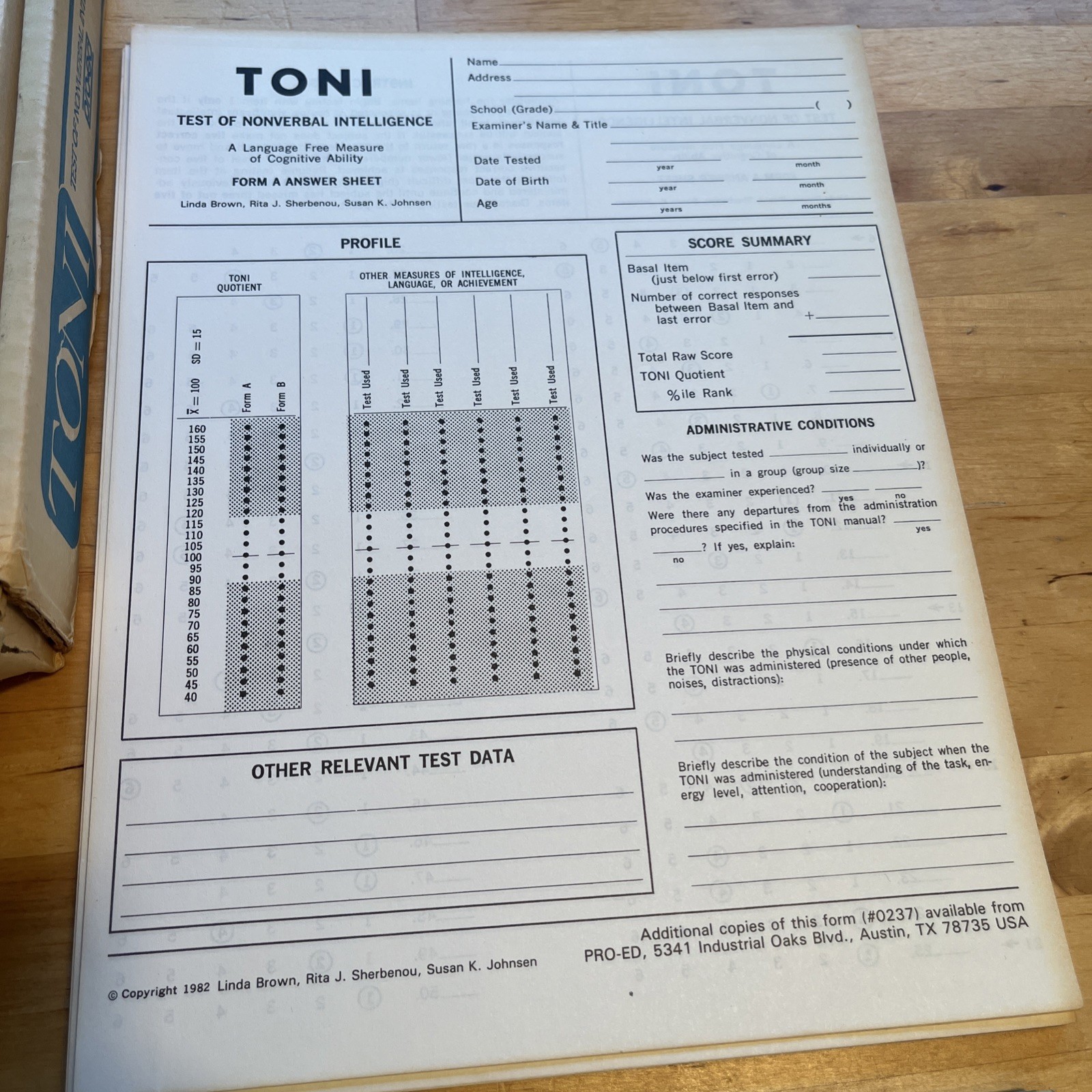 Test Of Nonverbal Intelligence (TONI) In Box, Set/Kit Measure Cognitive Ability