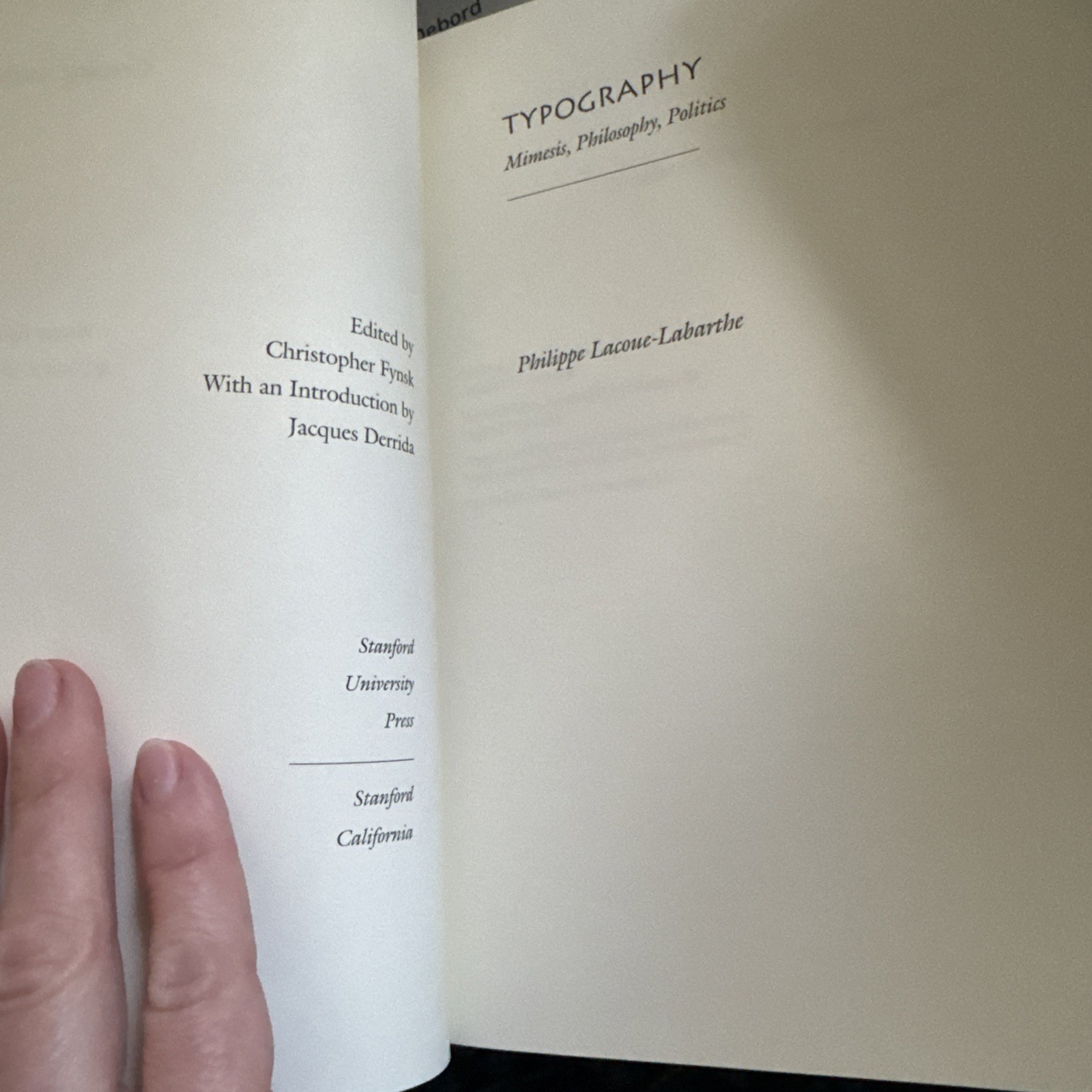 Typography: Mimesis, Philosophy, Politics by Philippe Lacoue-Labarthe
